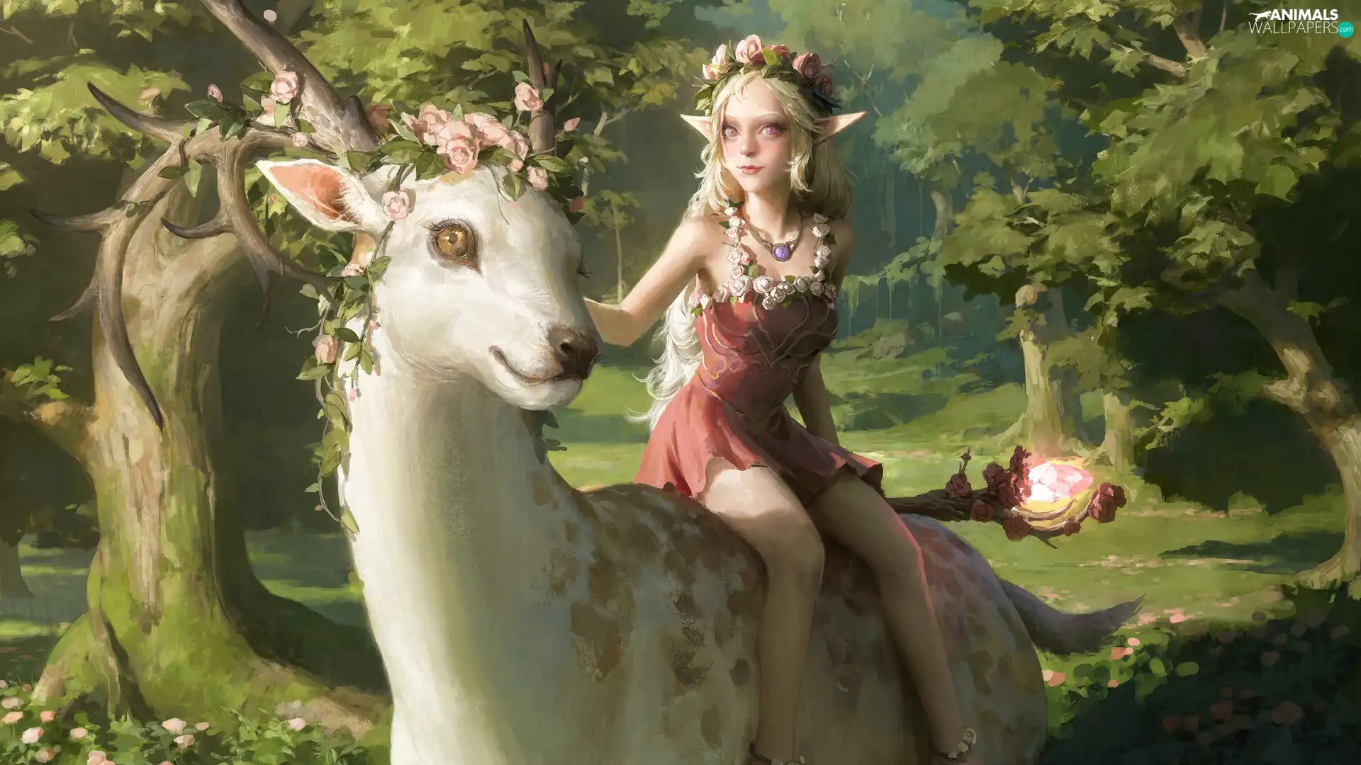 deer, horns, fantasy, girl, forest, White, graphics, elf
