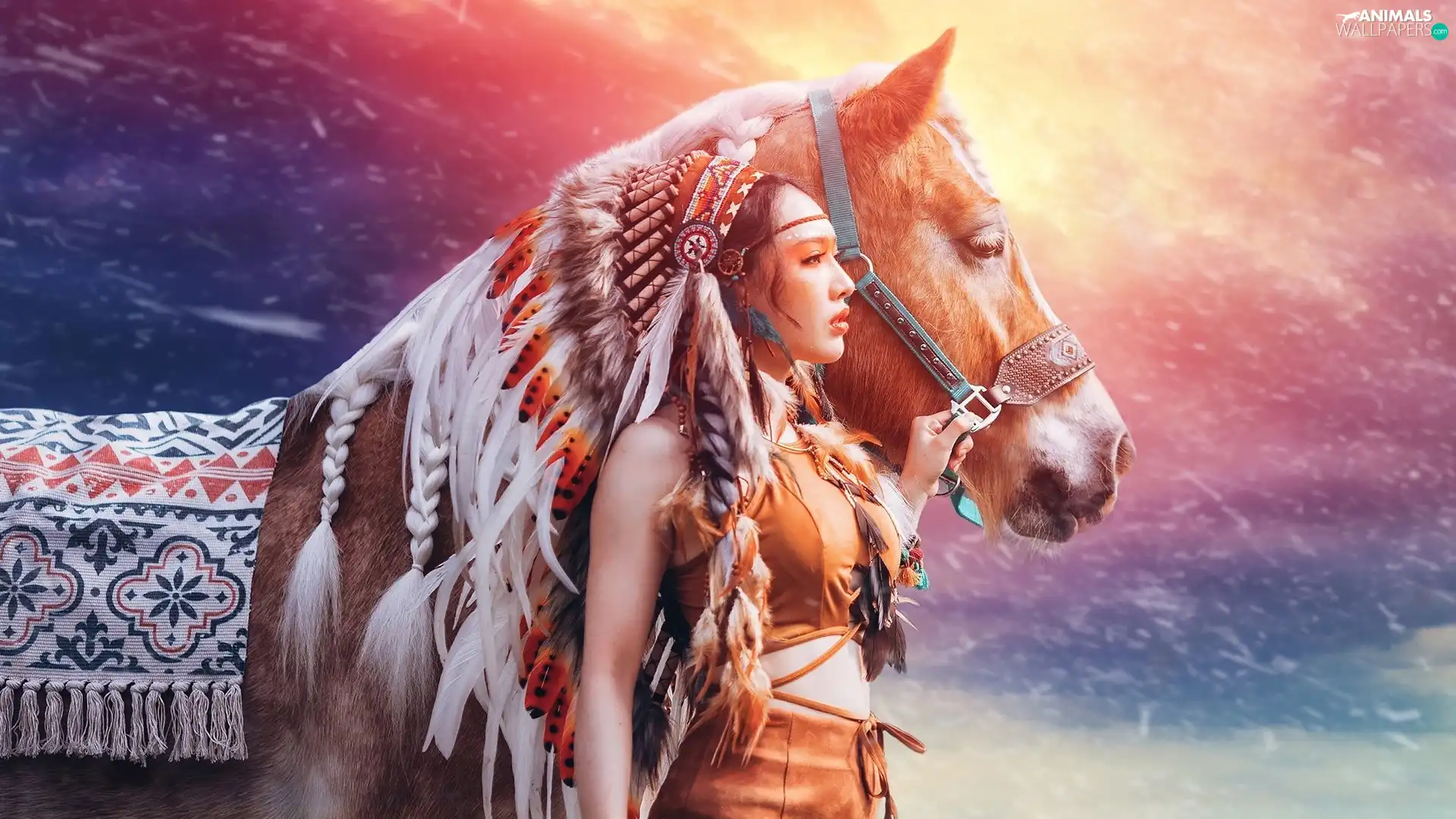 girl, Indian, Horse, plume