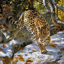 Art, Jaguar, viewes, snow, trees