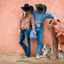 gear, Women, dog, a man, Cowboys, anticline, Australian Shepherd