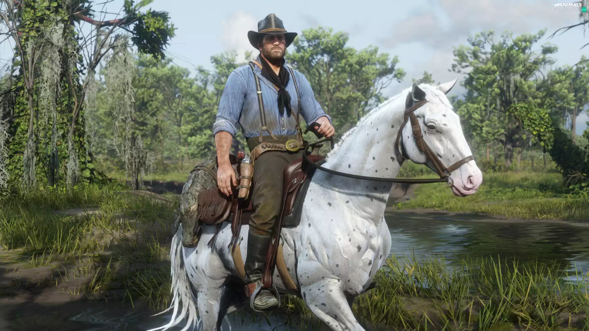 Horse, Red Dead Redemption 2, trees, a man, game, River, viewes