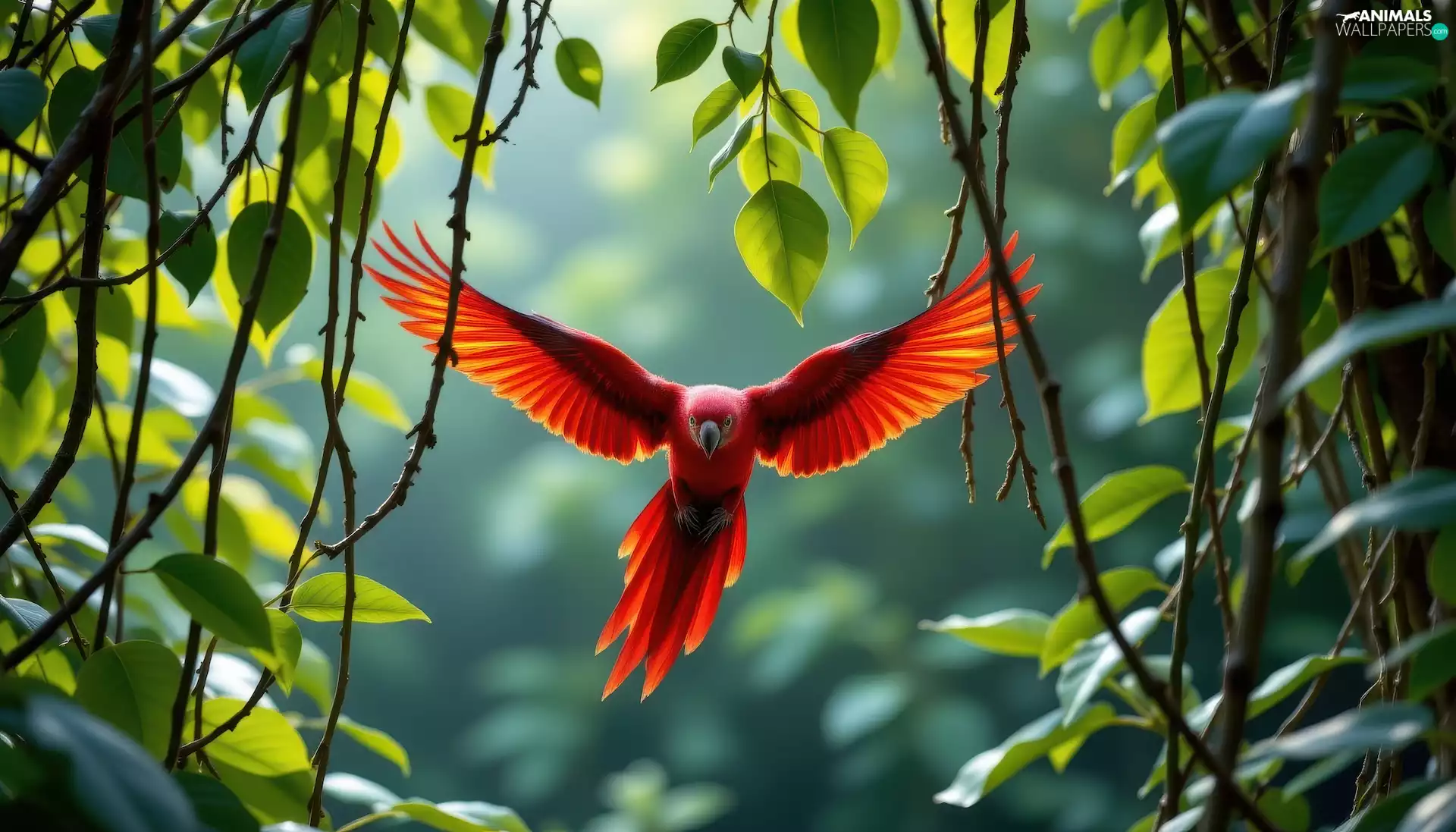 parrot, Bird, Leaf, Ai, lianas, red hot