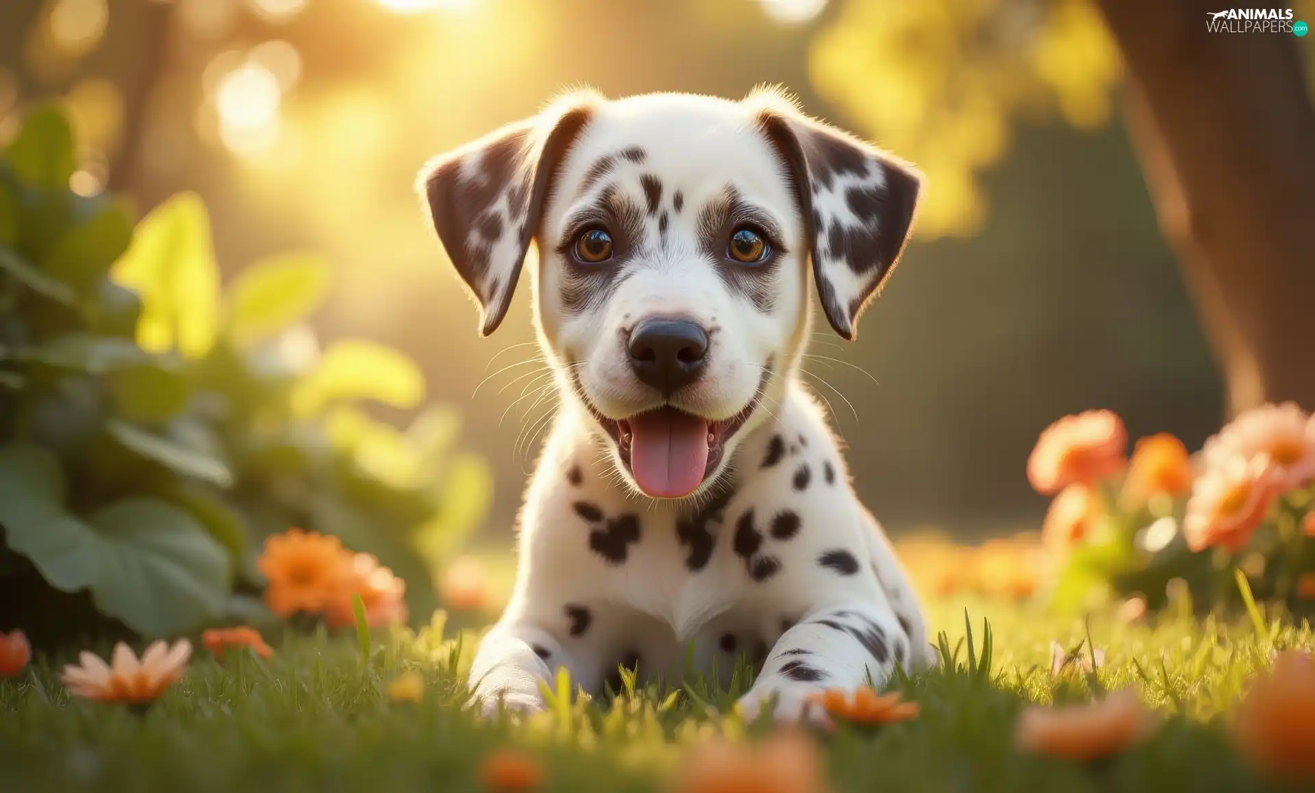 Dalmatian, dog, sun, Ai, Flowers, Puppy