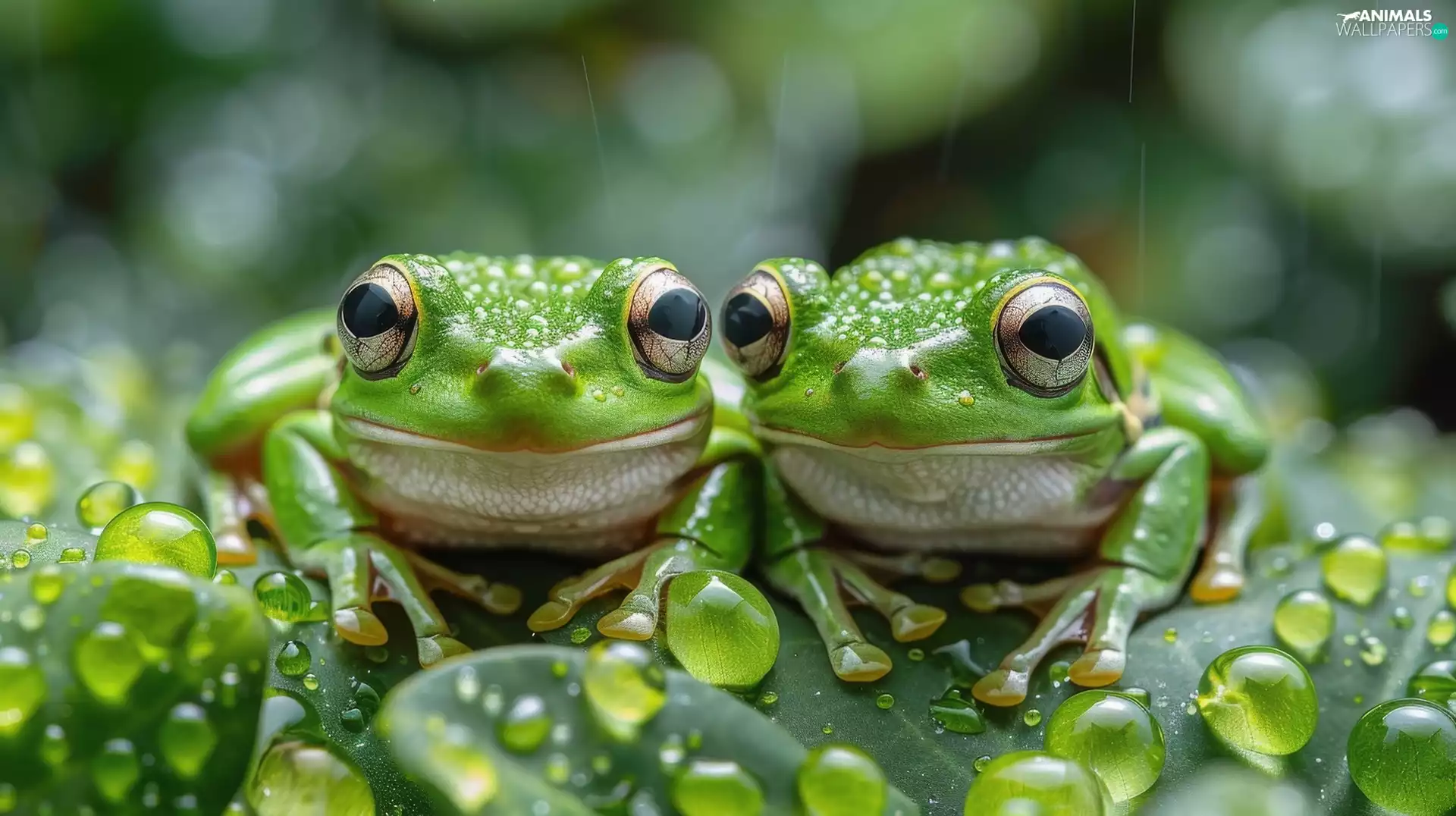 Leaf, Two, water, green ones, Frogs, drops, Ai