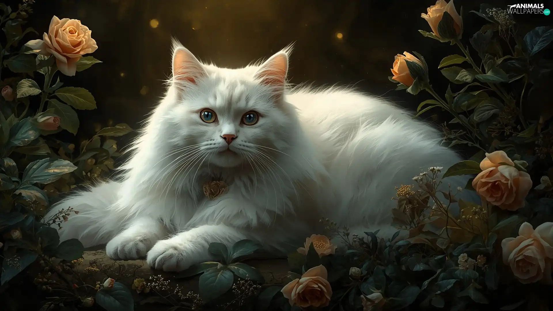 fluffy, cat, roses, Ai, Flowers, White