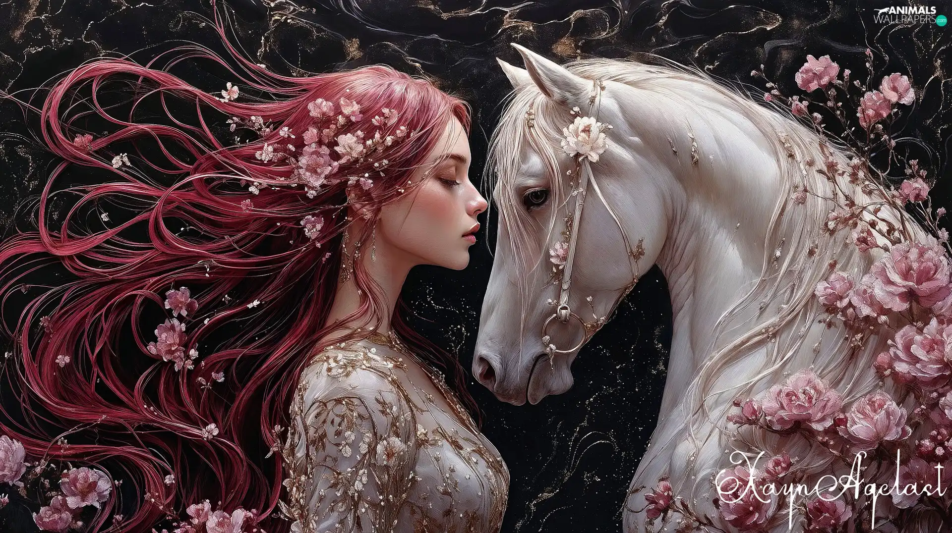 Flowers, redhead, Horse, Ai, White, Women