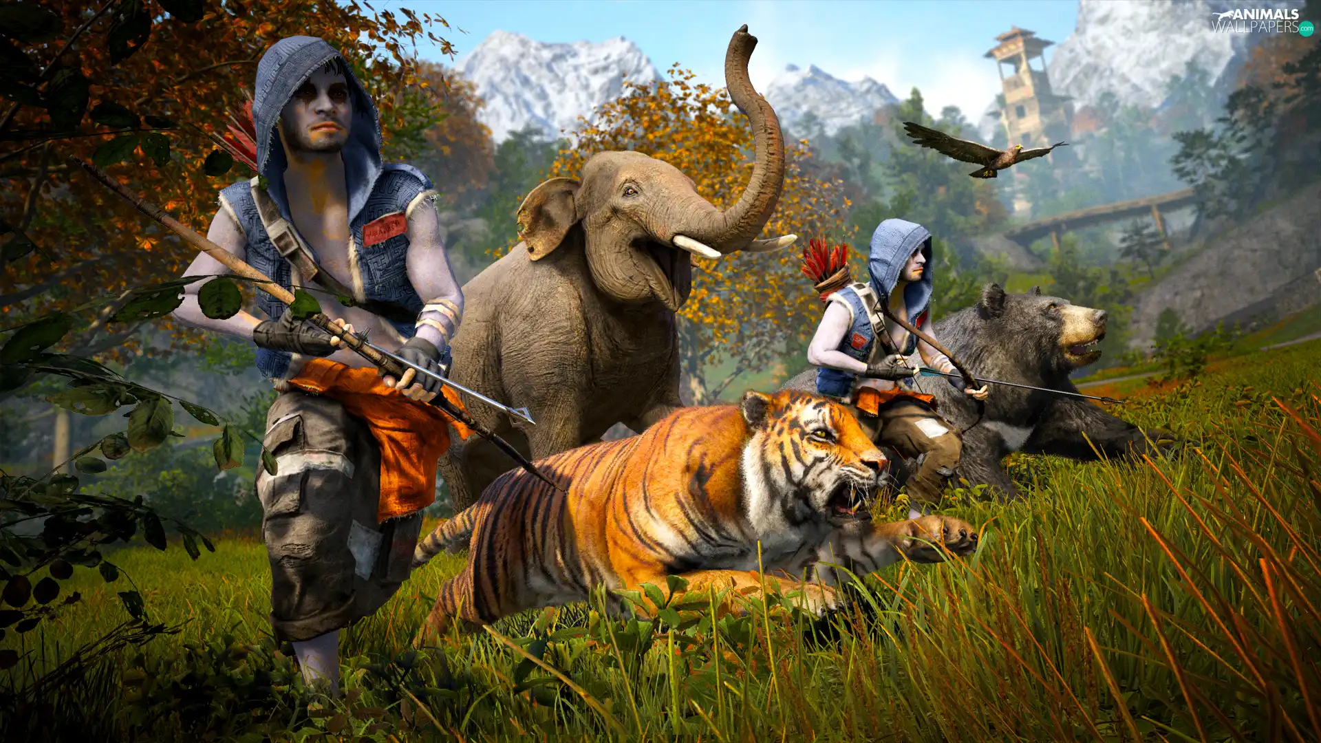 animals, Elephant, Characters, tiger, armed, Far Cry 4, game, Bear