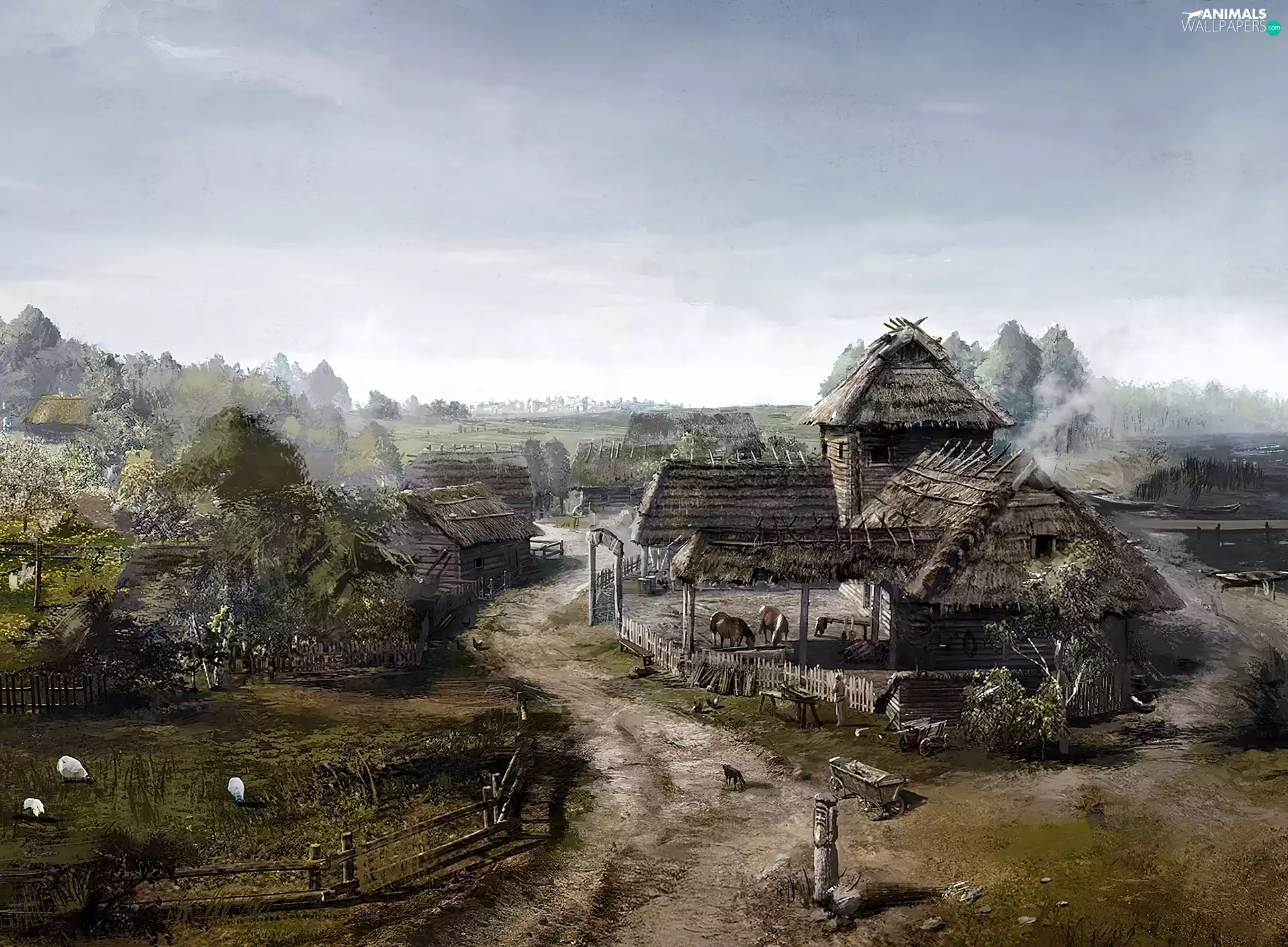 buildings, animals, picture, country, painting