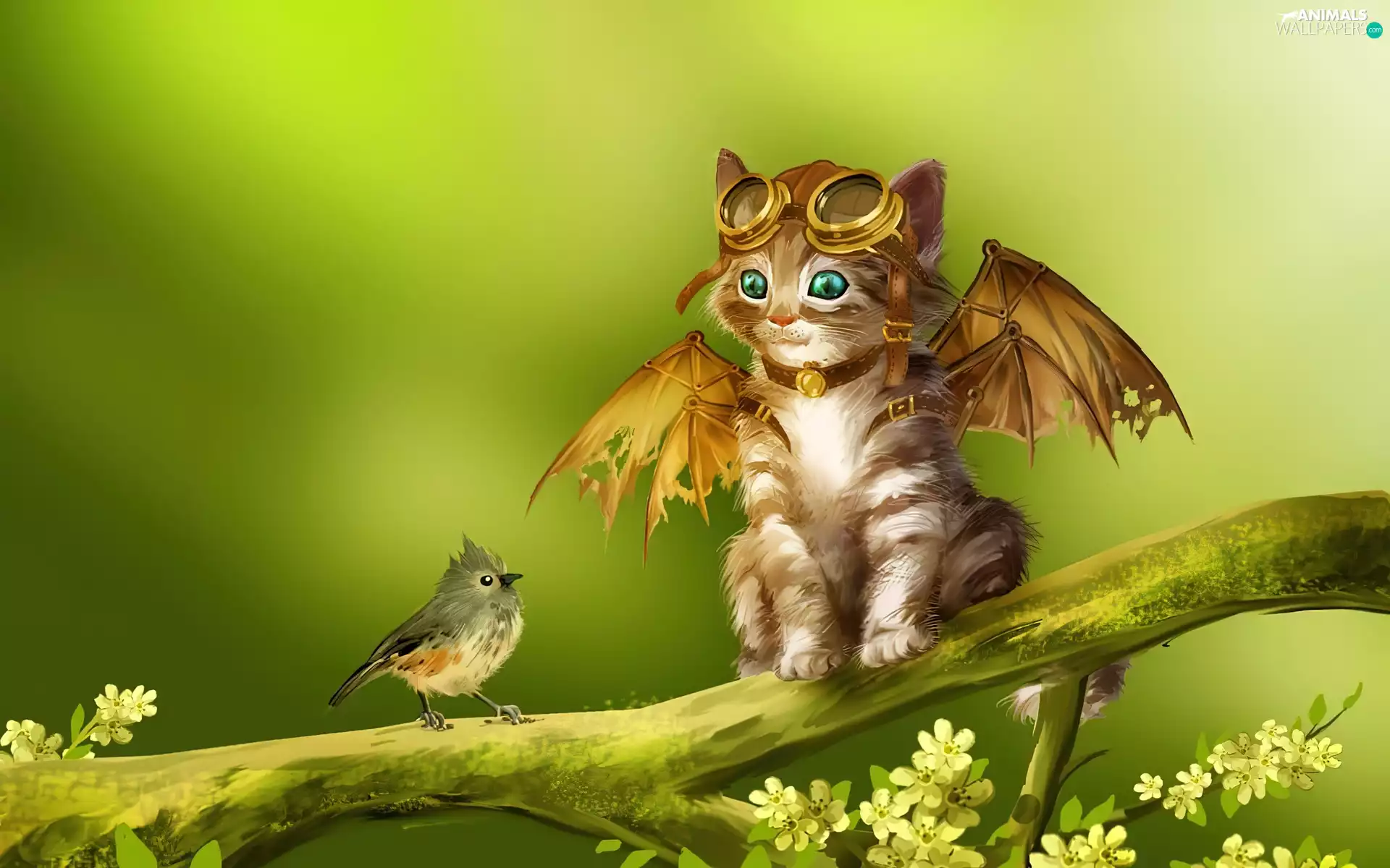 birdies, Art, wings, Google, kitten