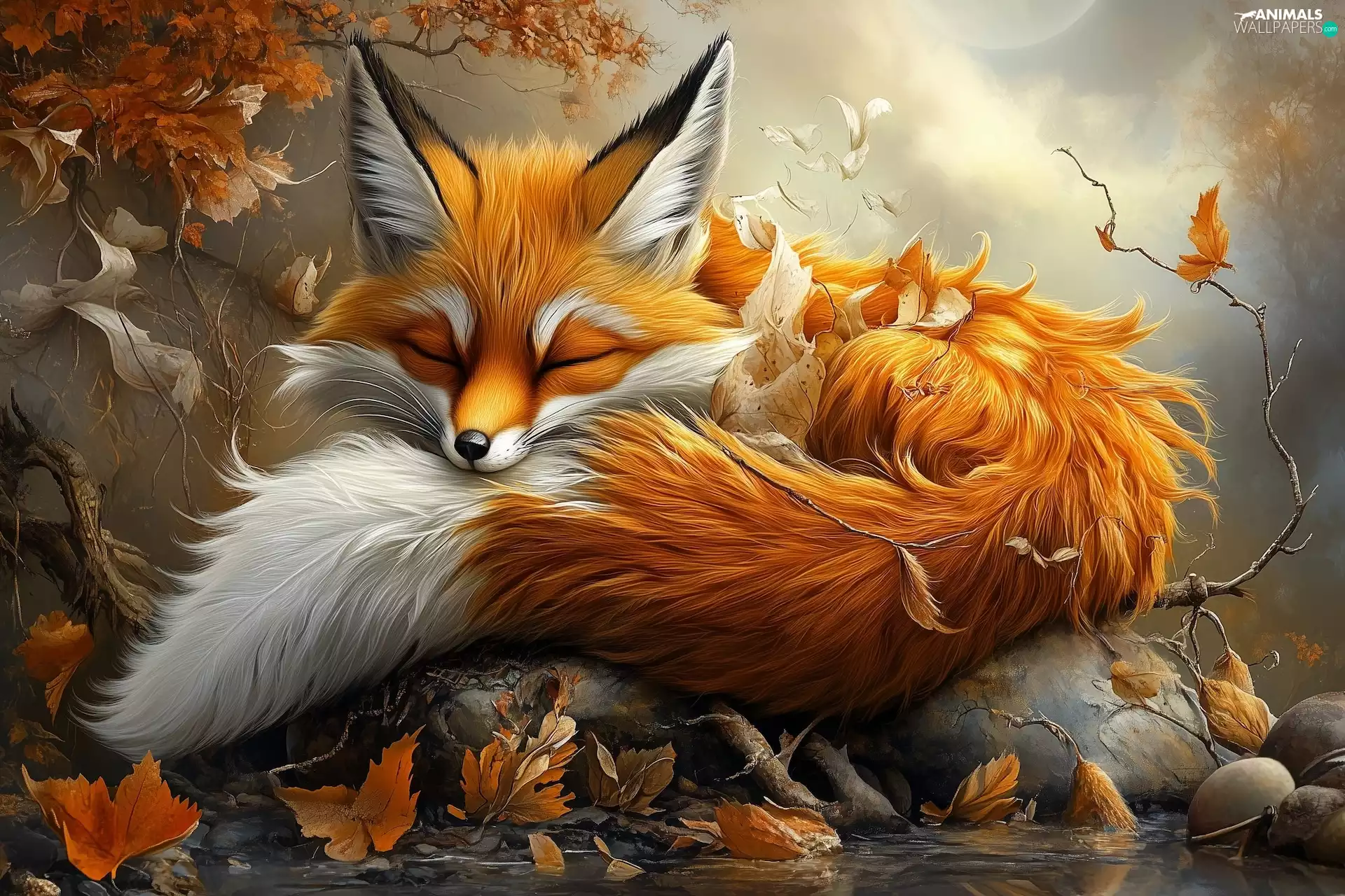 Fox, graphics, Leaf, Autumn, ginger, sleepy