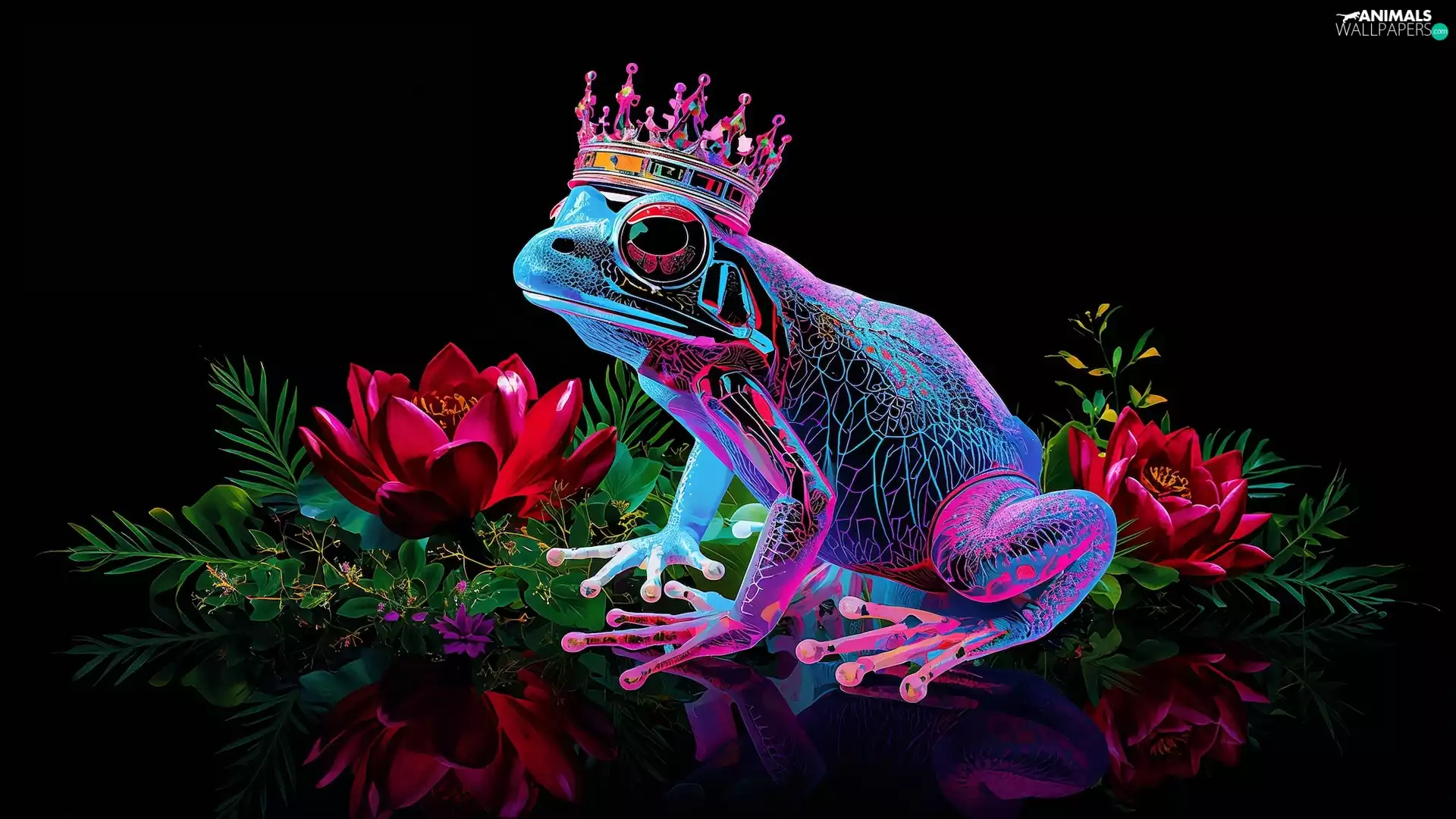 Flowers, strange frog, background, graphics, Black, Crown