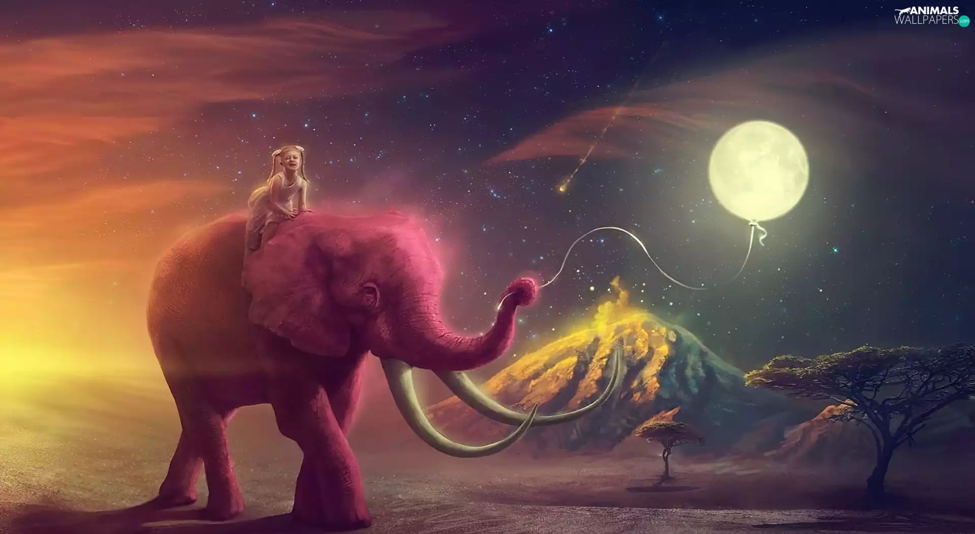 moon, Balloon, Pink, Elephant, girl