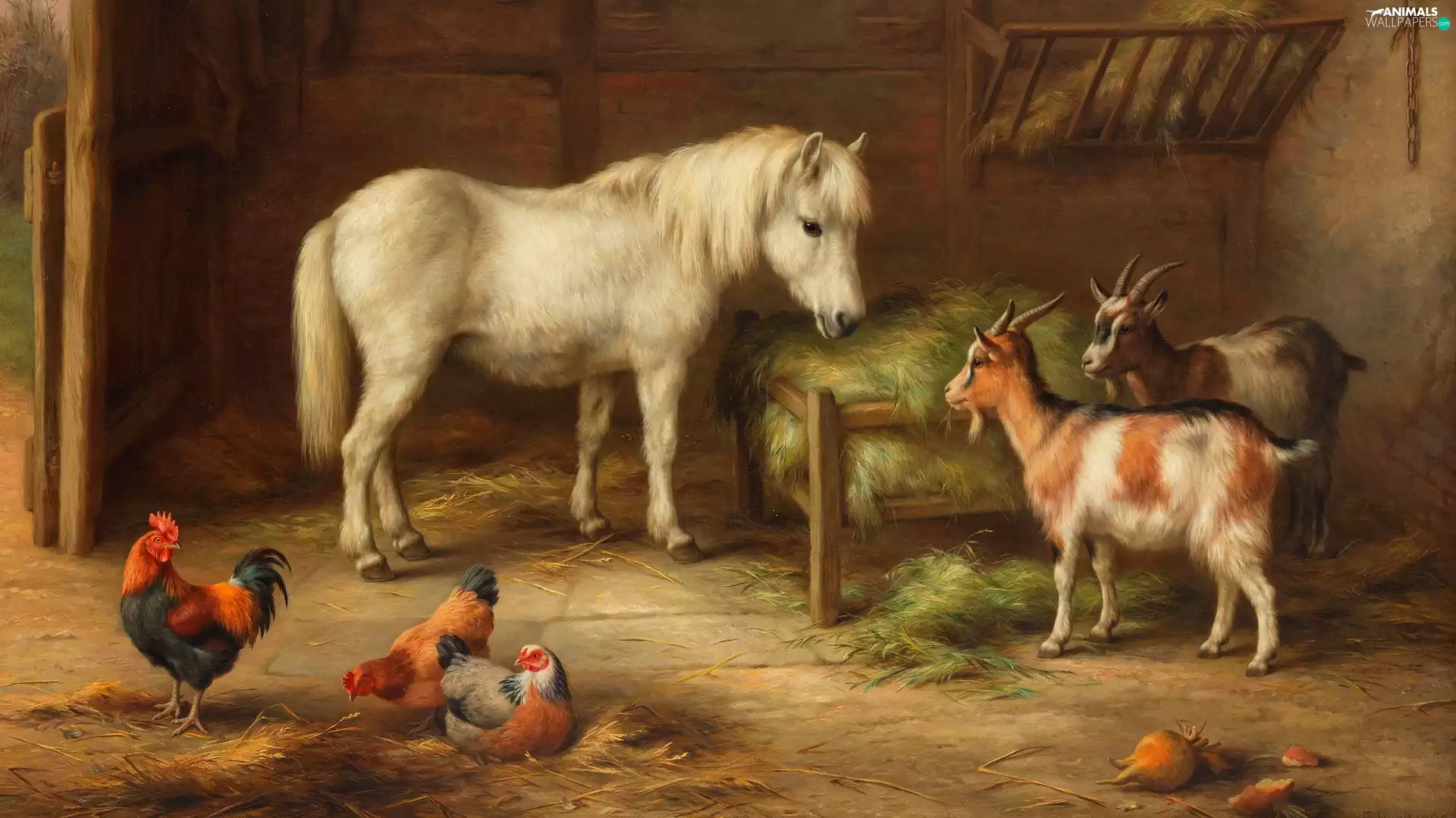 Horse, picture, hens, Edgar Hunt, painting, Goats, Barn