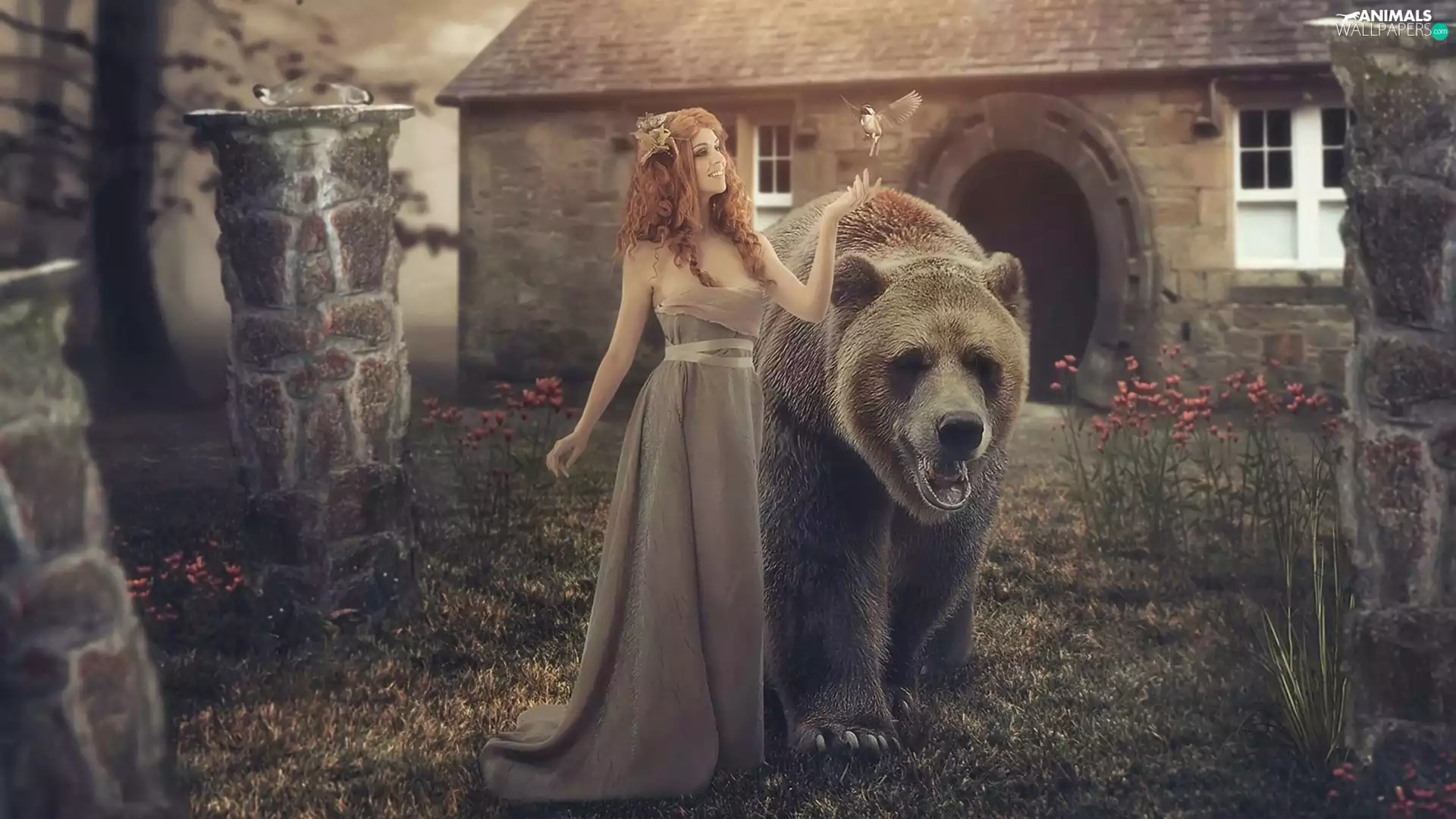 Women, birds, house, Bear