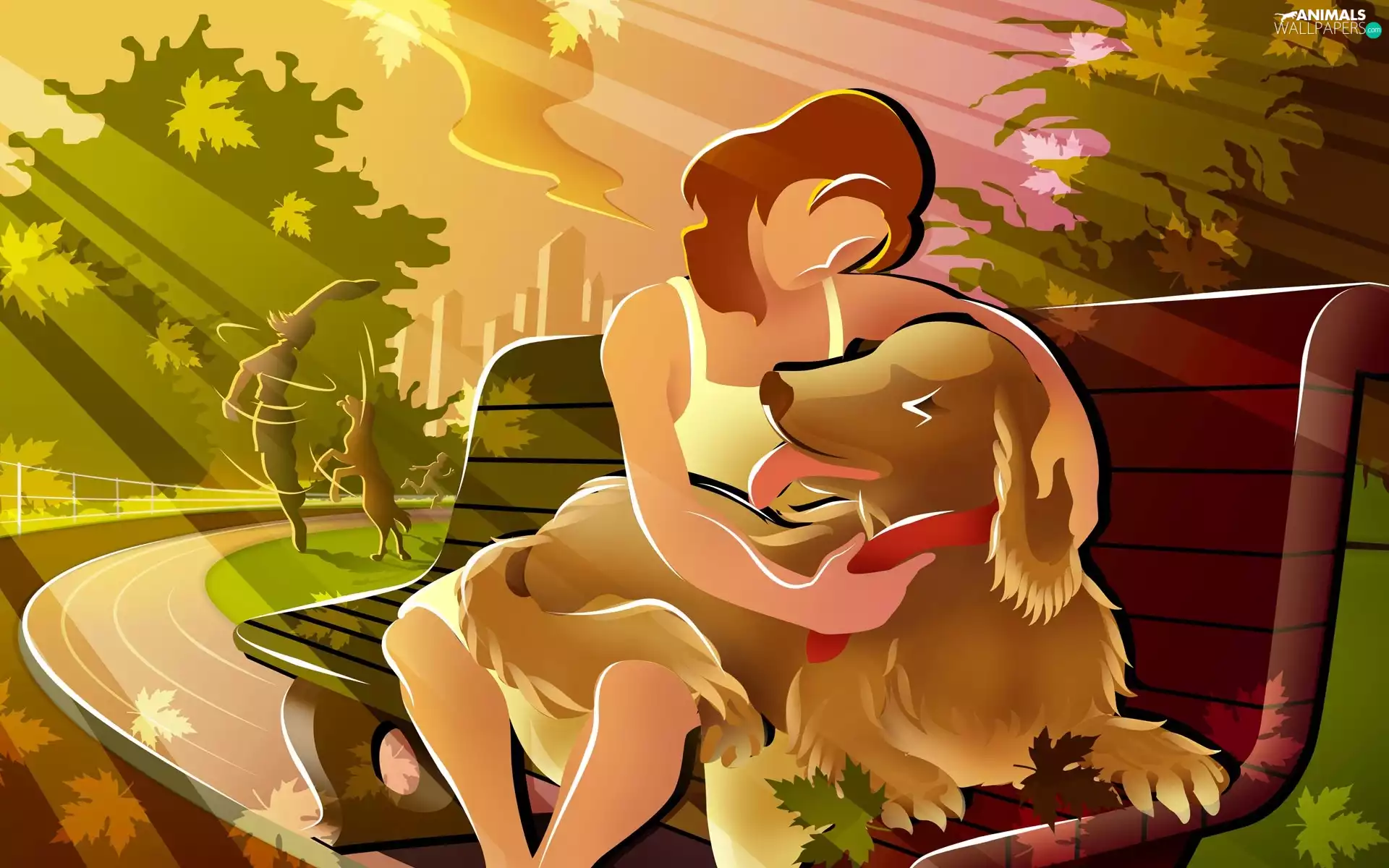 Park, dog, proprietress, Bench