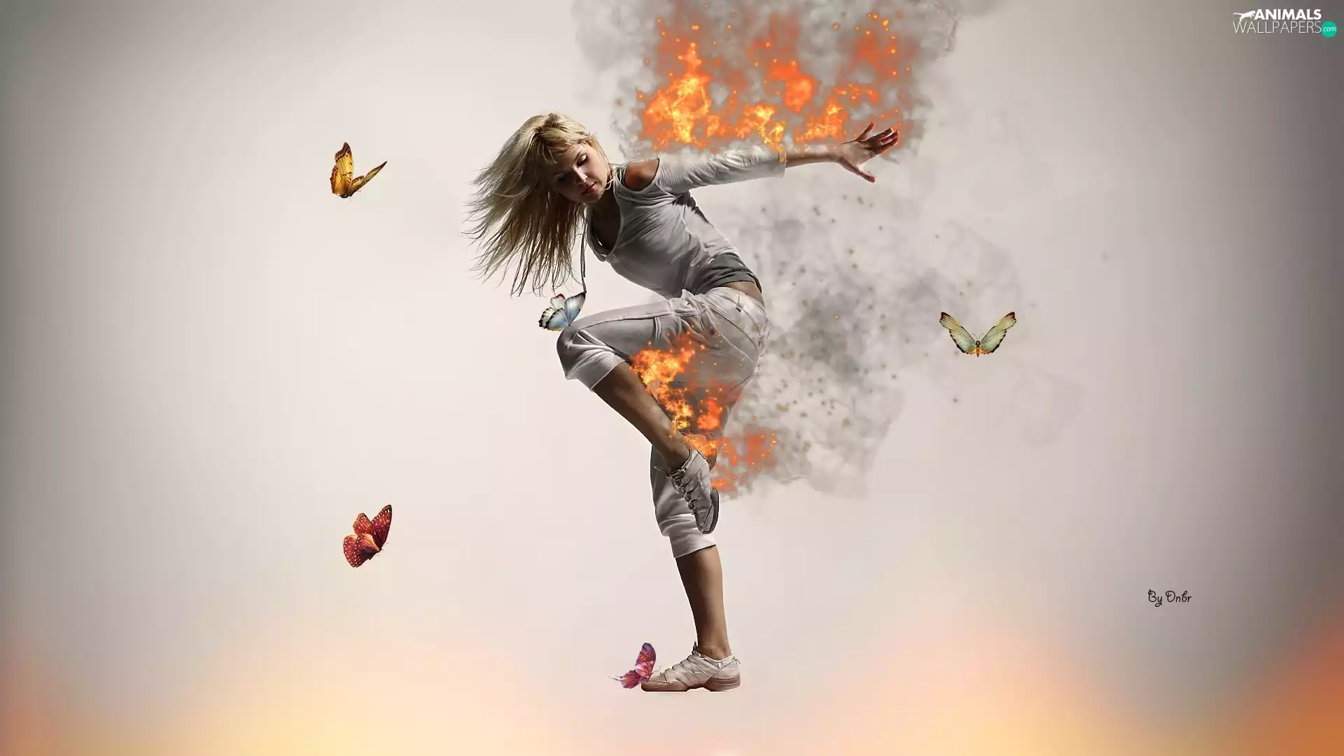 girl, Big Fire, butterflies, dance