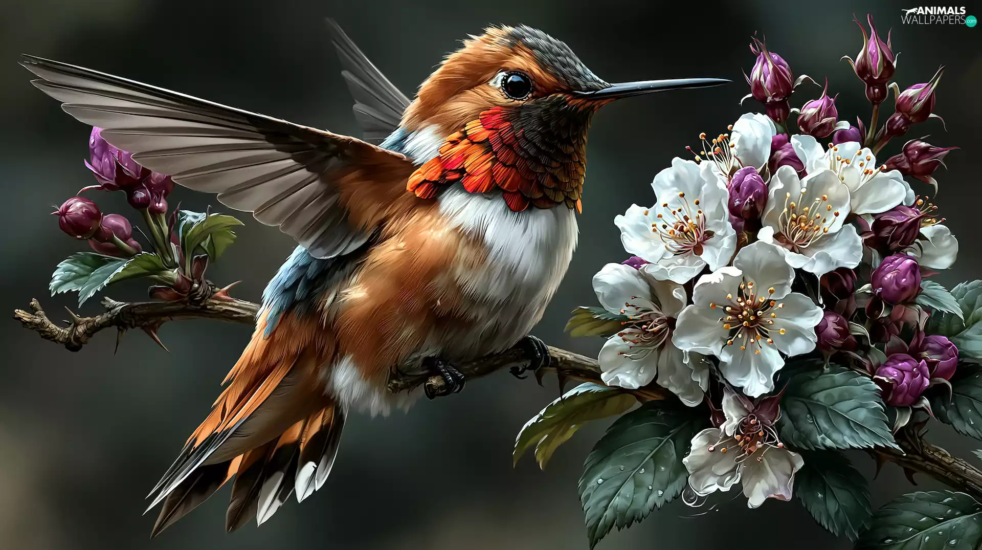 twig, graphics, humming-bird, Flowers, Bird