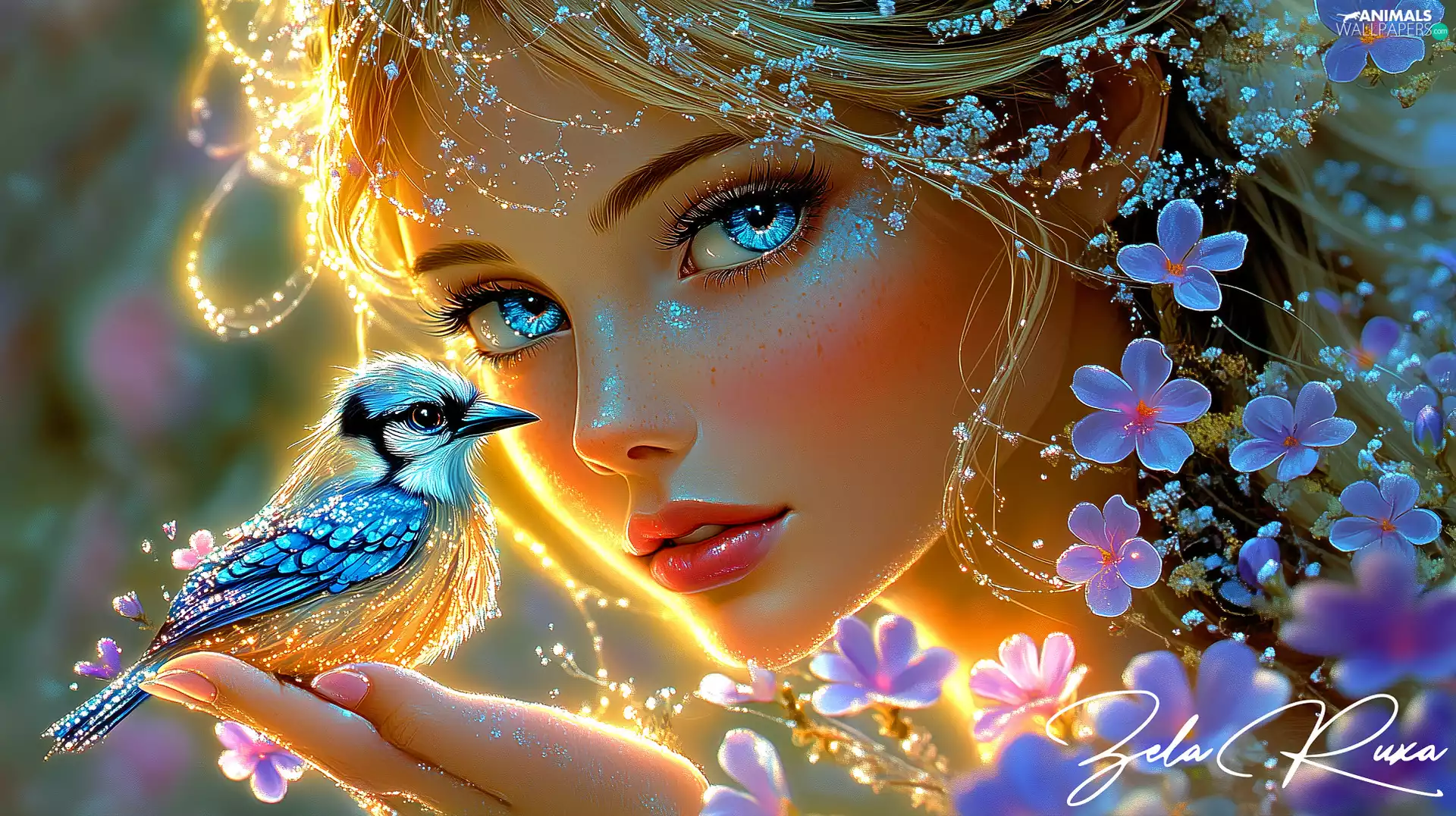 girl, Flowers, hand, Bird