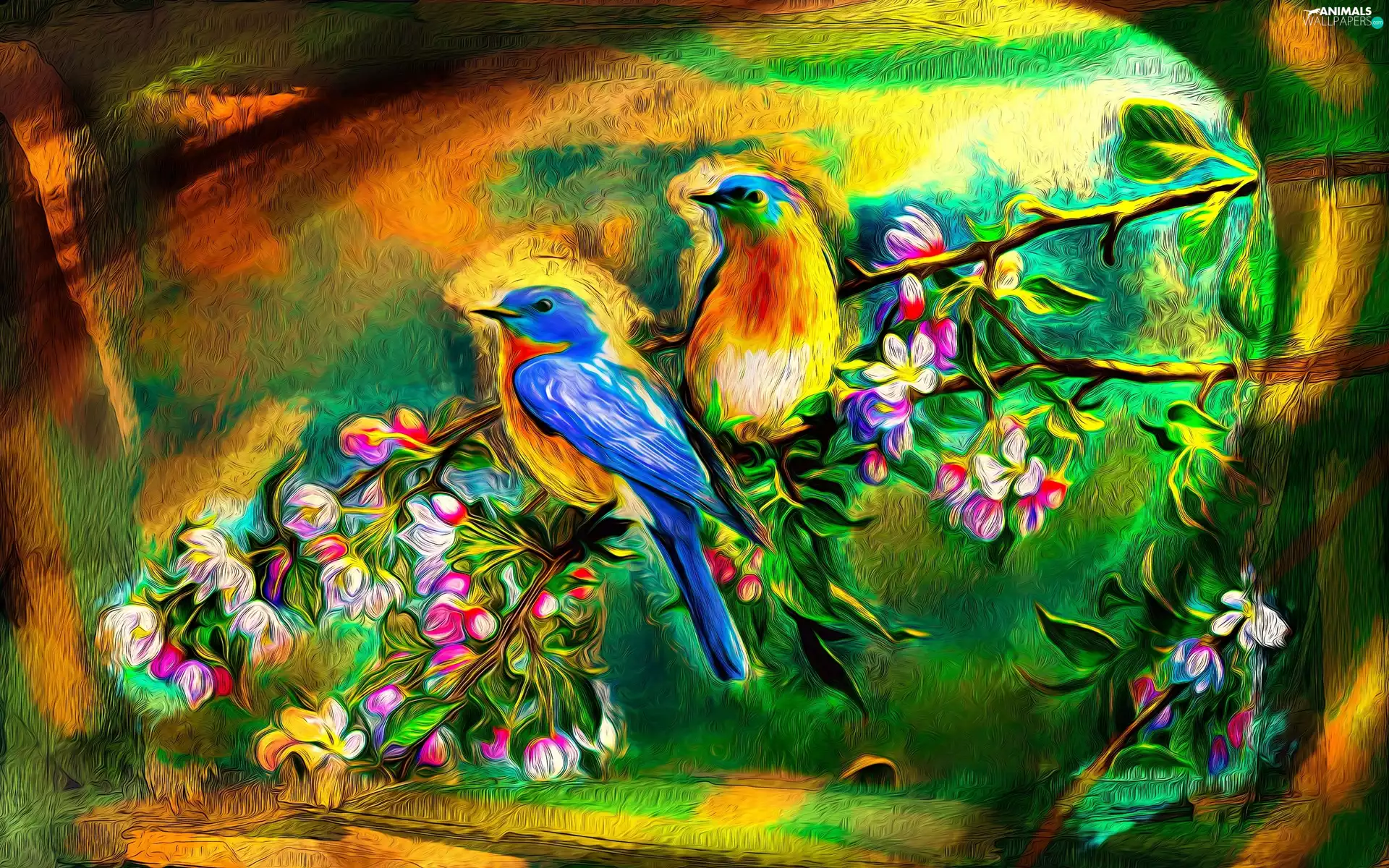 Colorful Birds, Flowers, Paintography, twig