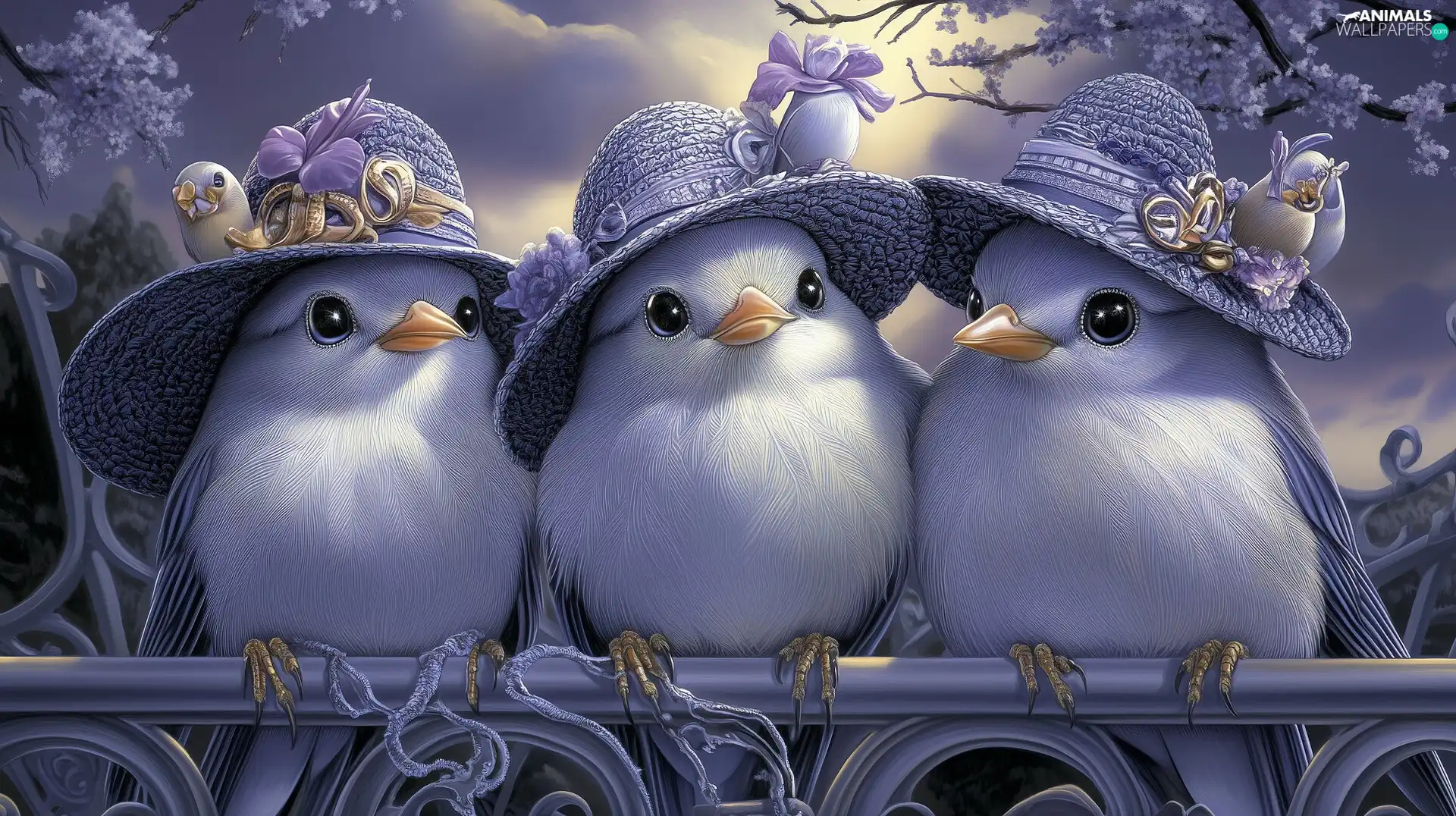 Three, hats, railing, birds