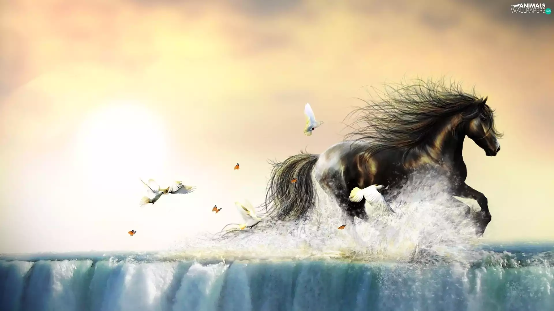 birds, Horse, waterfall