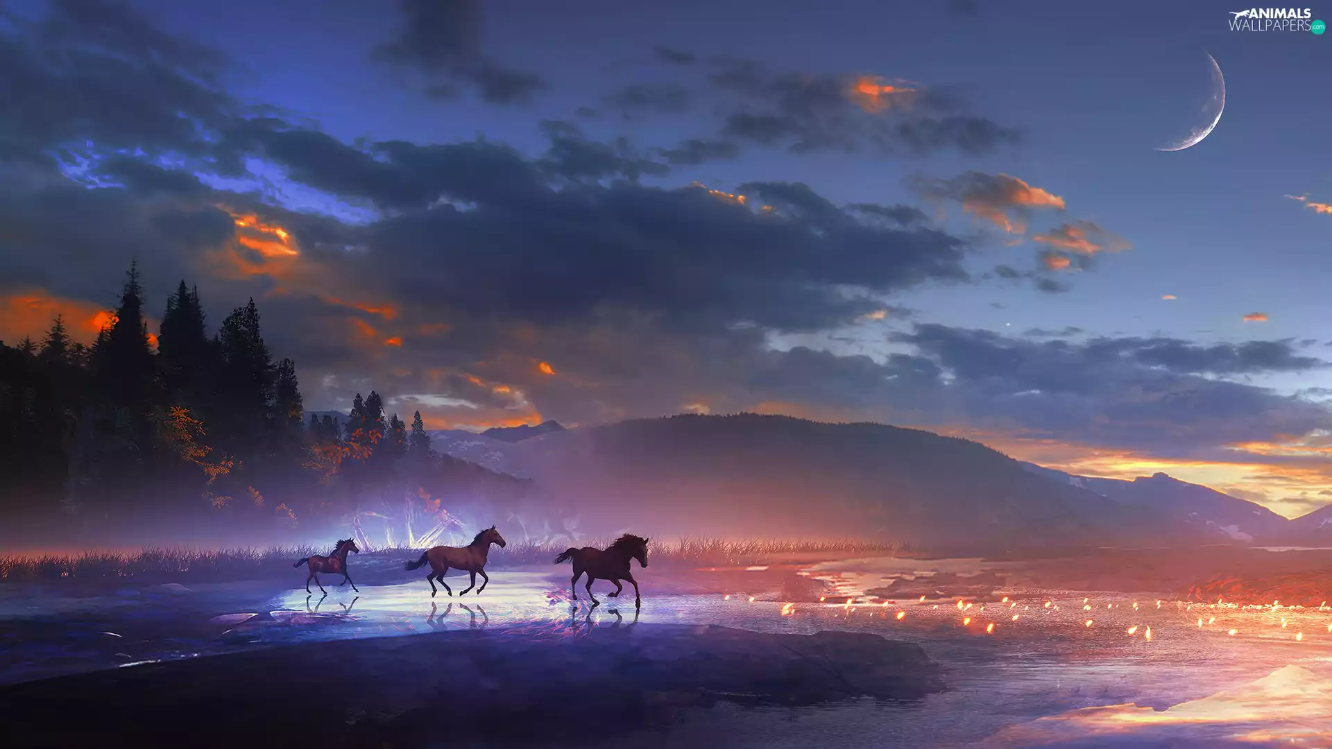 Mountains, evening, clouds, bloodstock, graphics, moon, River