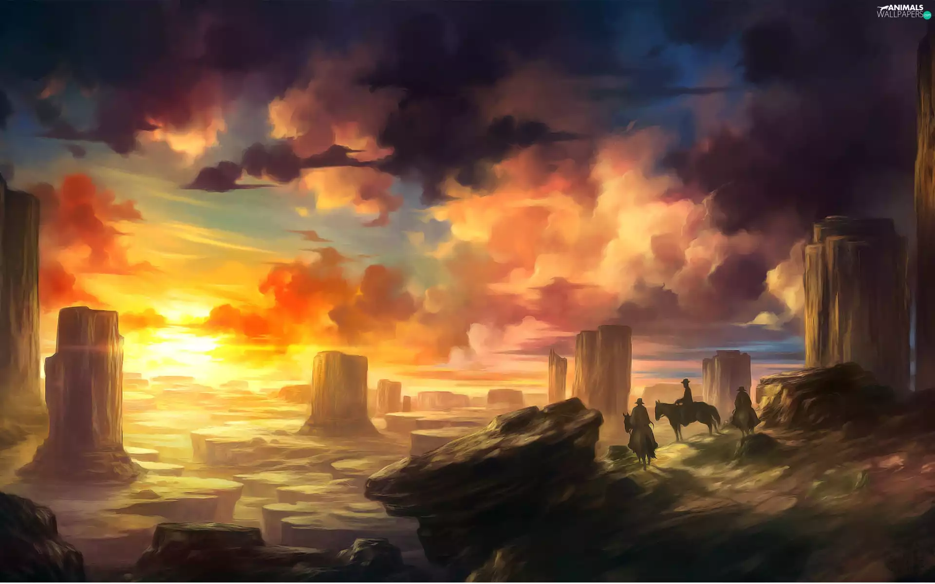 clouds, bloodstock, west, sun, painting