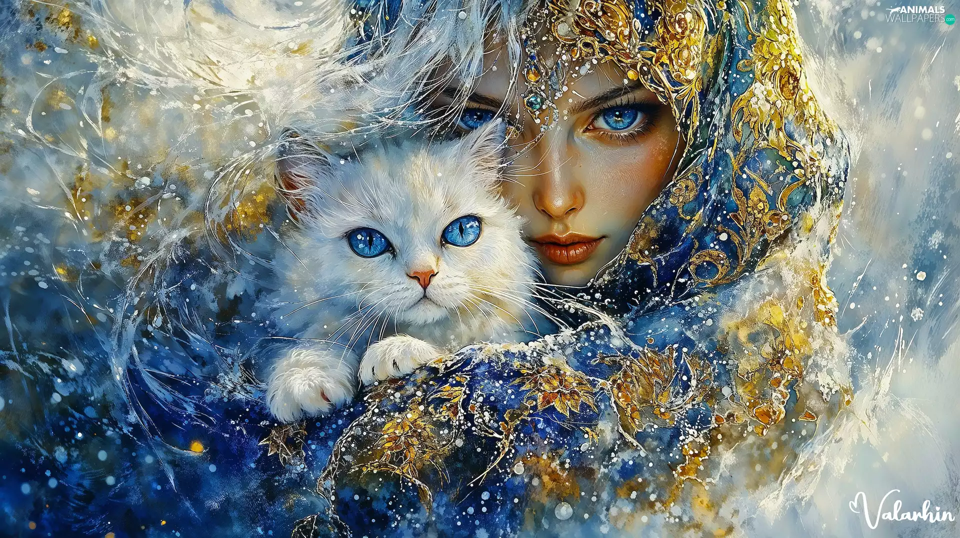 Eyes, Women, cat, Blue, graphics, shawl, White