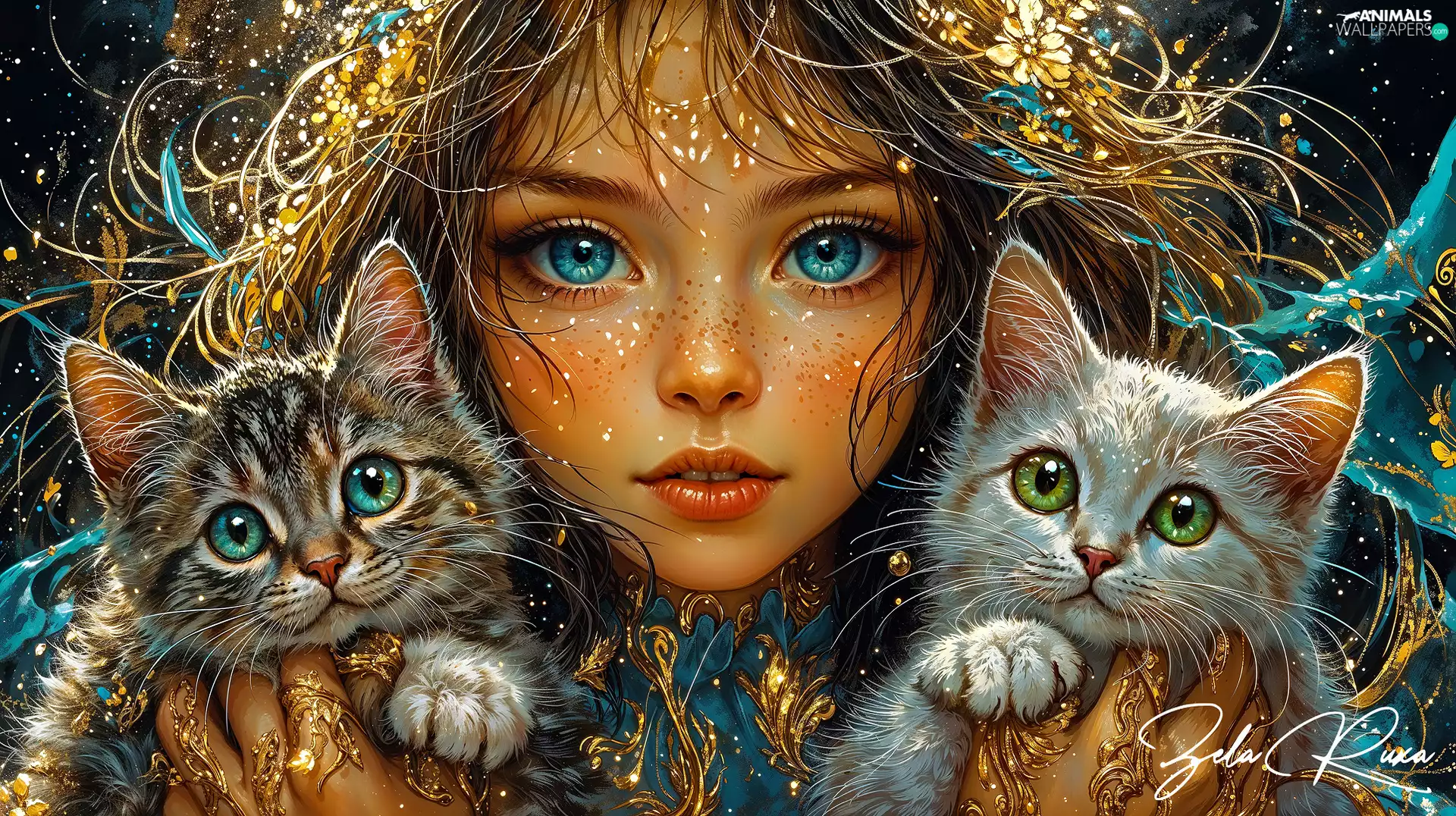 Two cars, cats, Blue, Eyes, girl