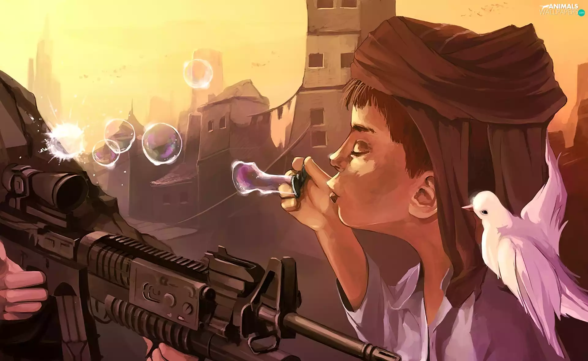 gun, interesting eyes, boy, pigeon, Cyril Rolando