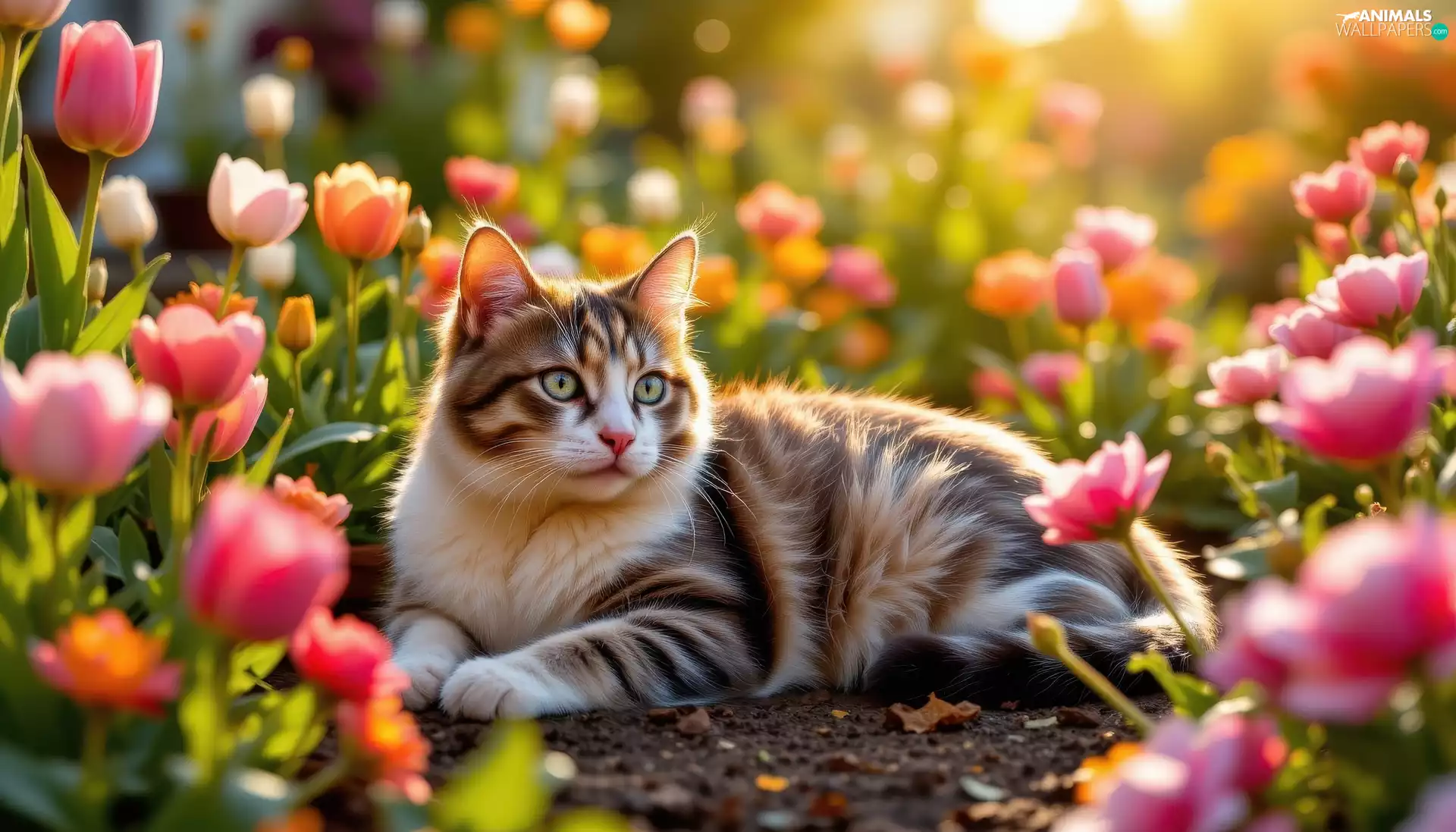 Flowers, Tulips, White-brown, cat, lying