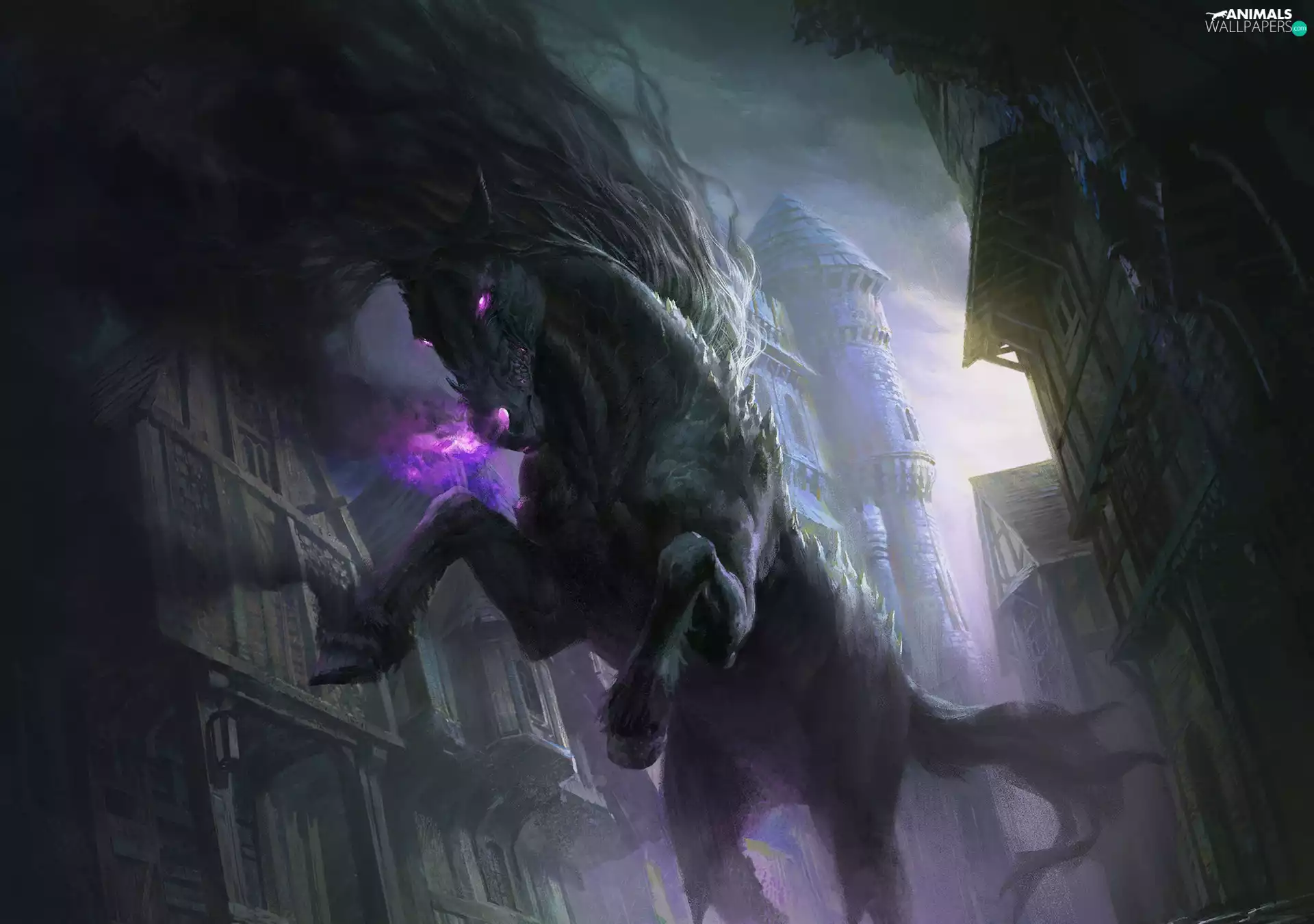 Eyes, buildings, Horse, glowing, fantasy