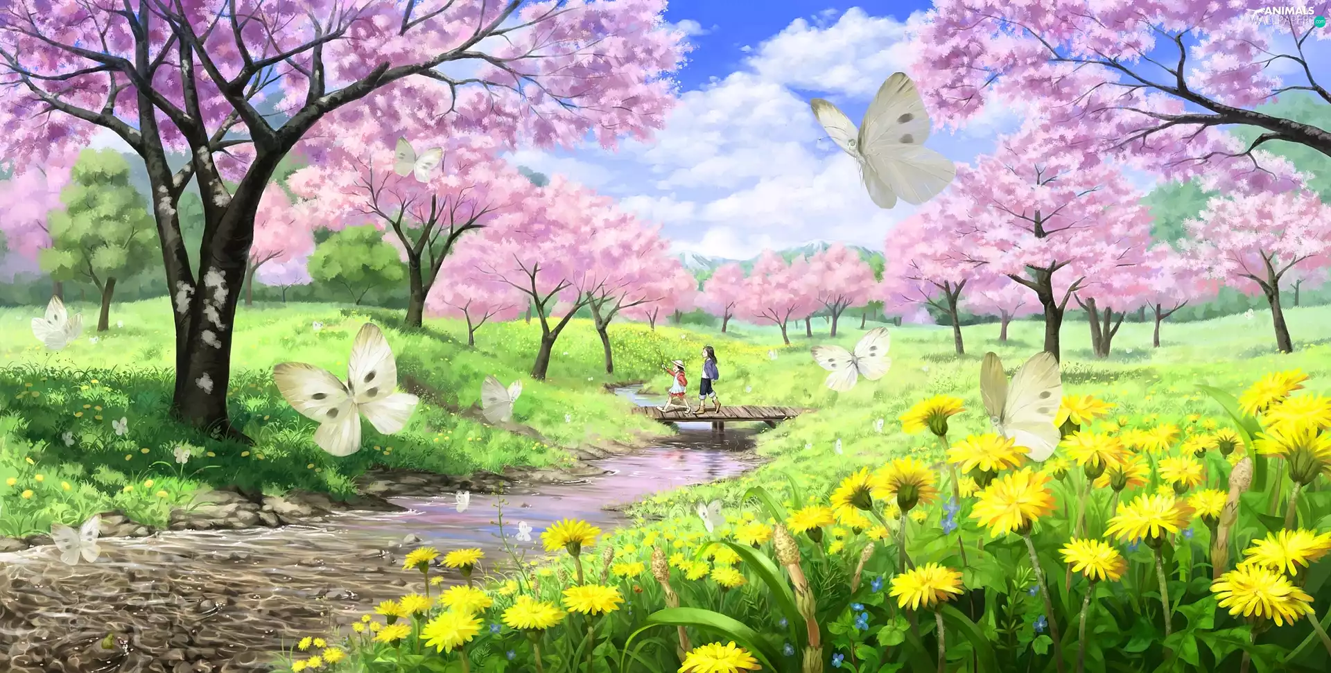 trees, viewes, footbridge, puffball, Kids, brook, Spring, butterflies