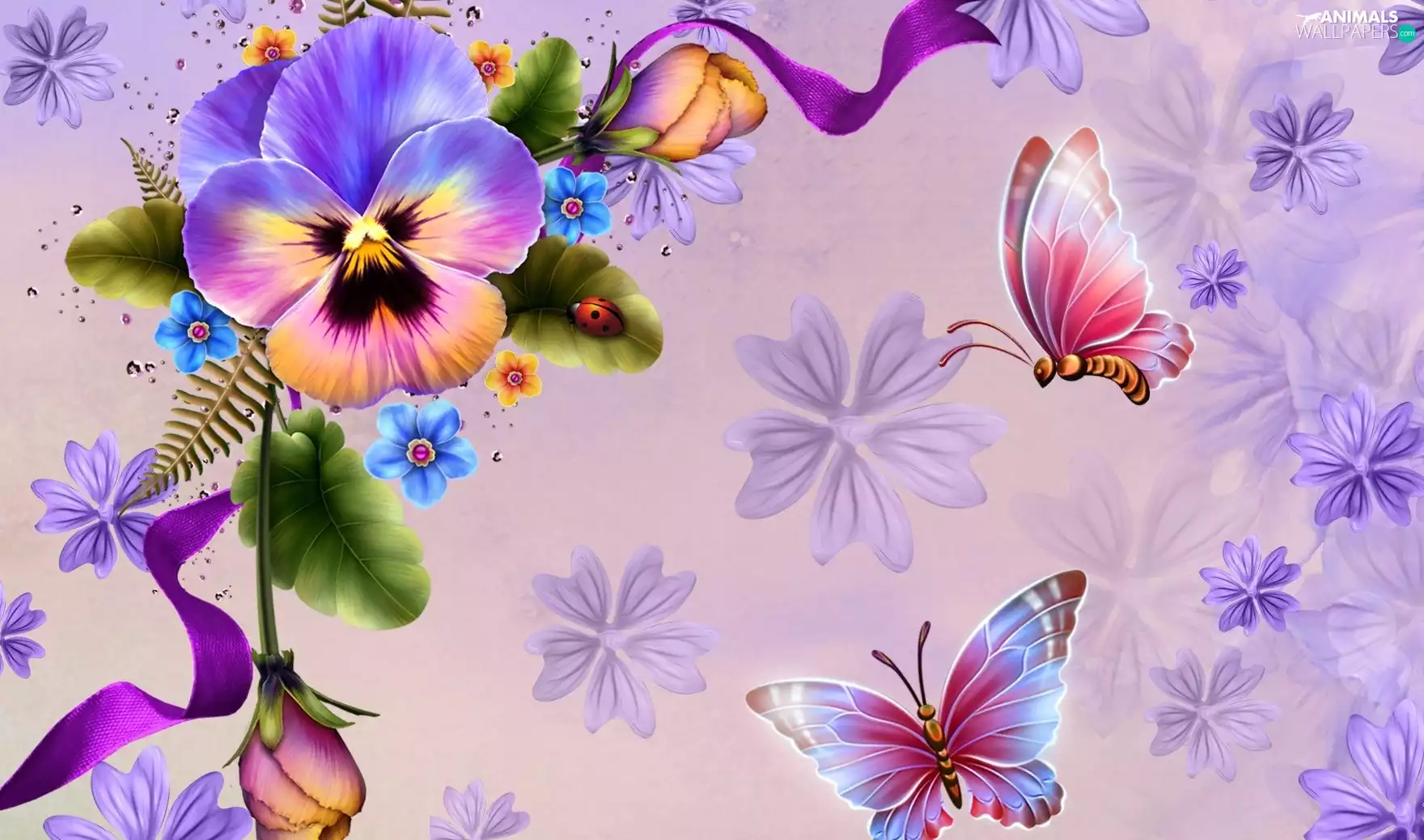 graphics, ladybird, Flowers, butterflies