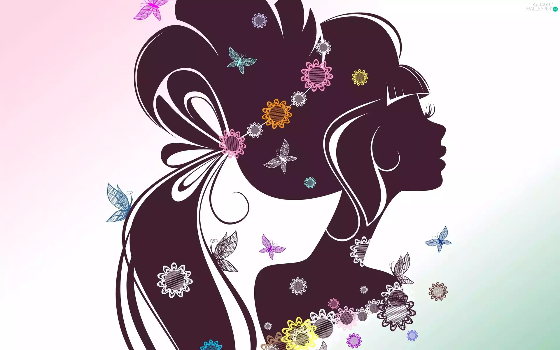 Women, Flowers, graphics, butterflies