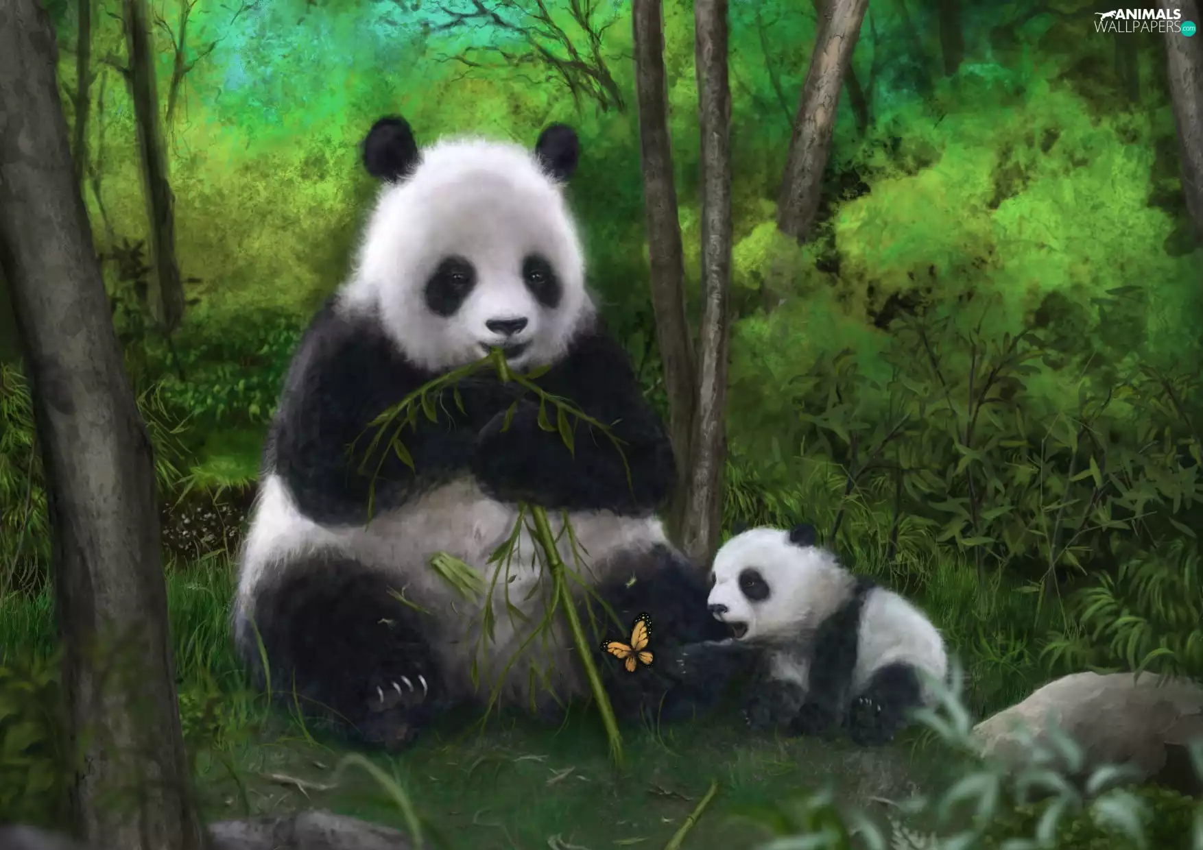 butterfly, pandas, bamboo