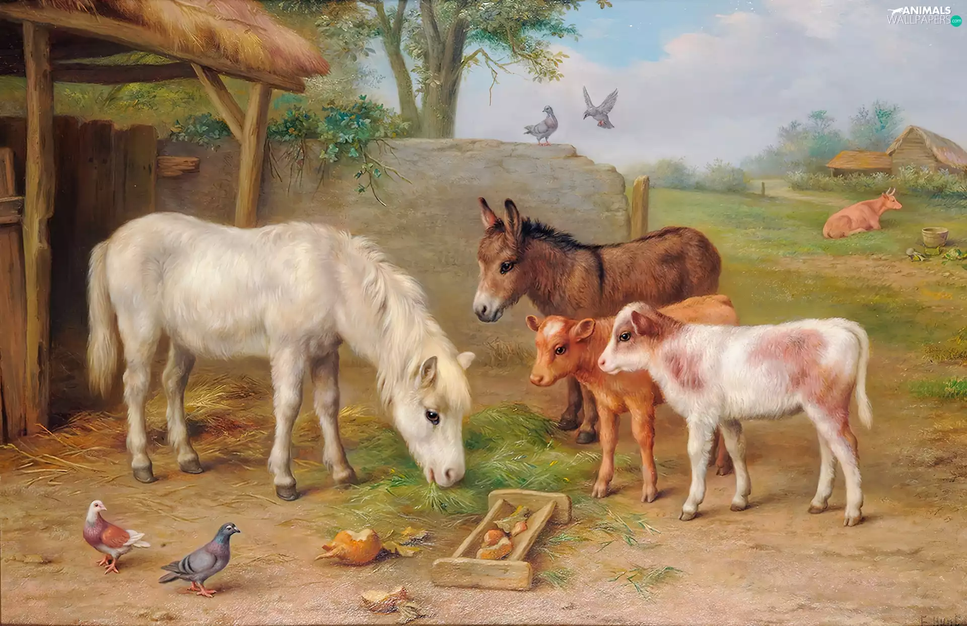 farm, Edgar Hunt, Calves, donkey, sea-horse