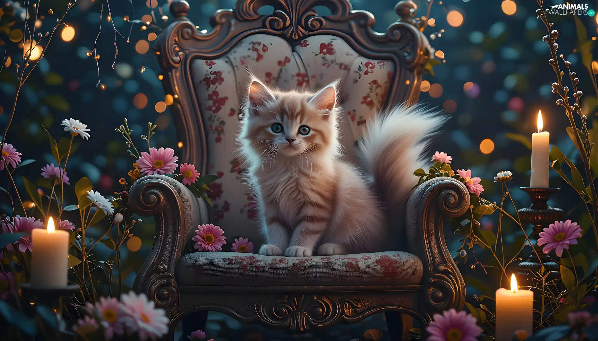 Flowers, Candles, cat, Armchair, fluffy