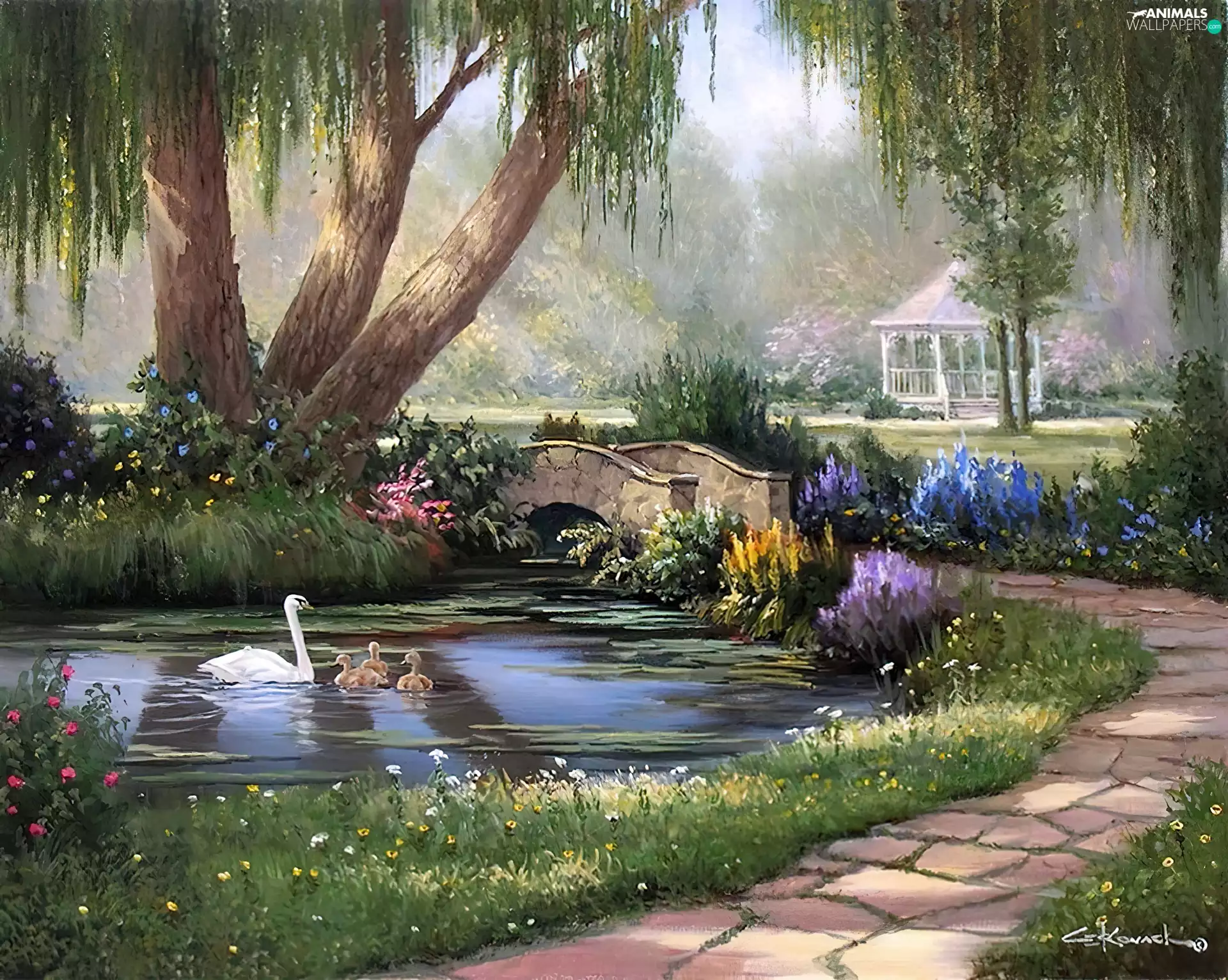 Pond - car, view, painting, Swan