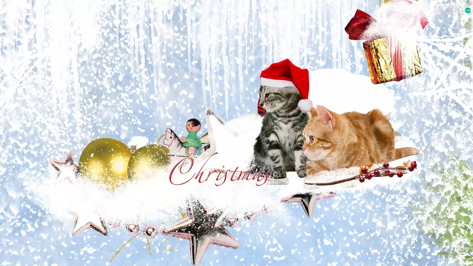 Two cars, baubles, christmas, puss