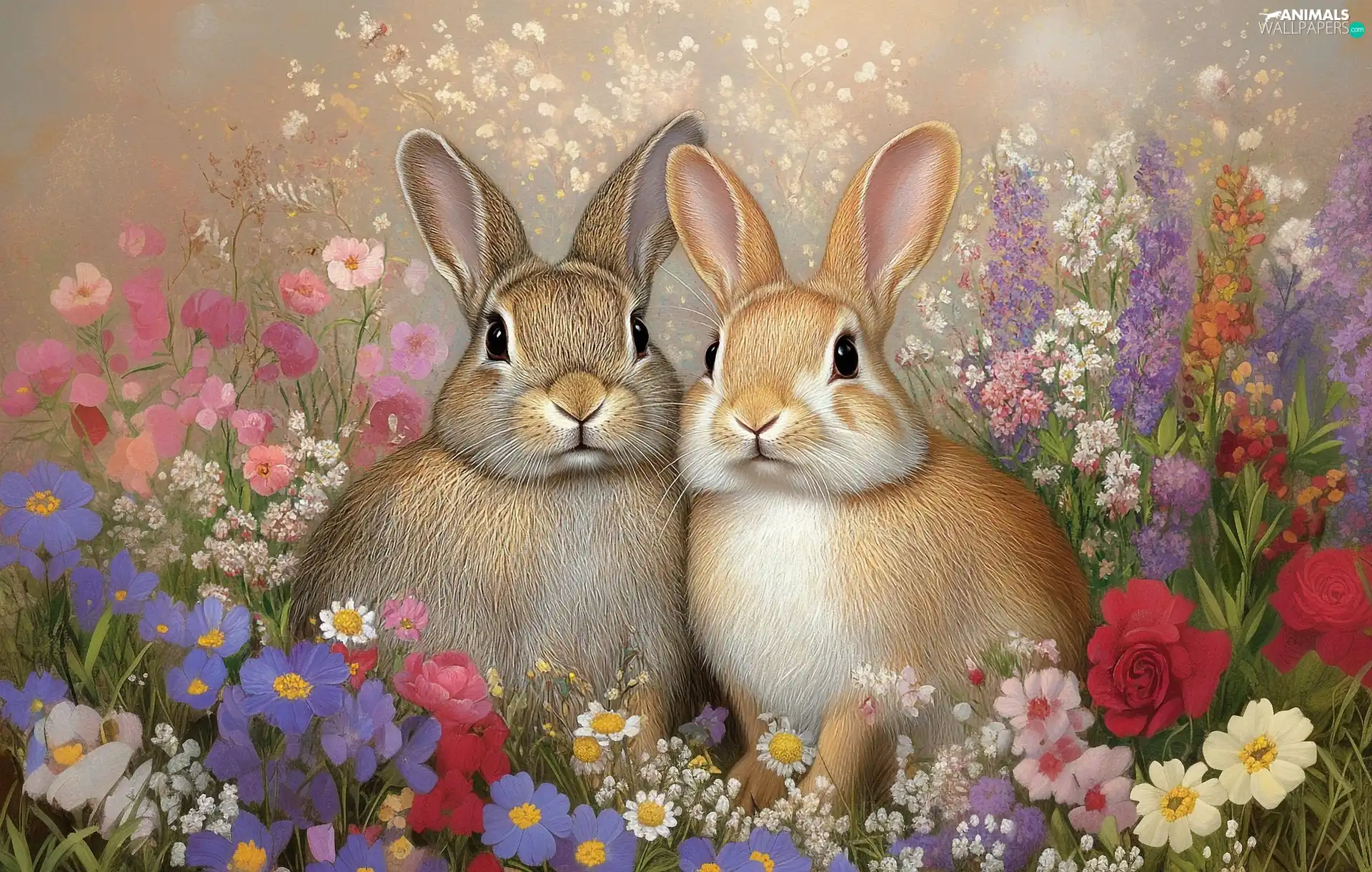 Two cars, color, Flowers, Rabbits