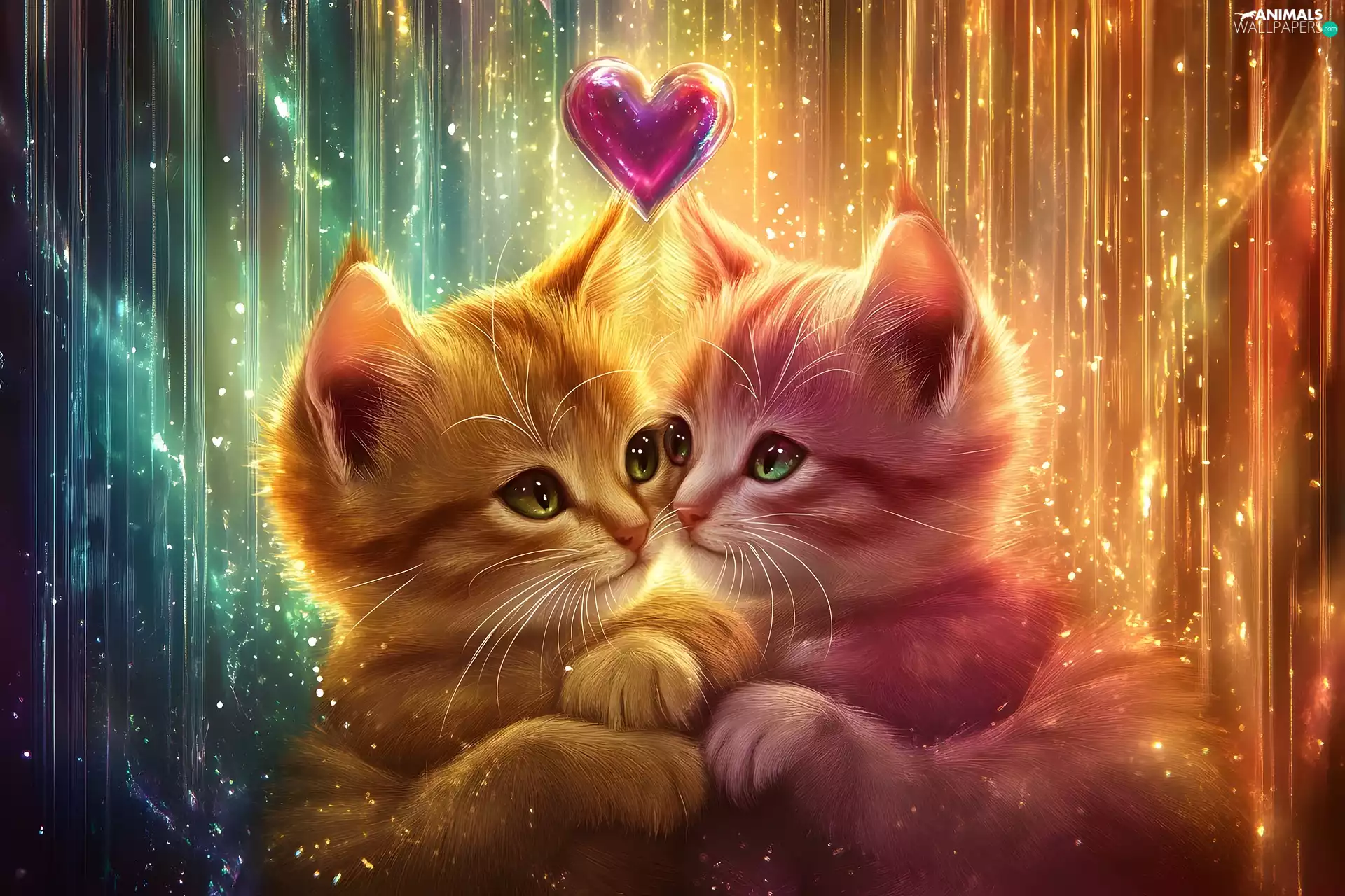 Heart, graphics, Two cars, cats, cuddled