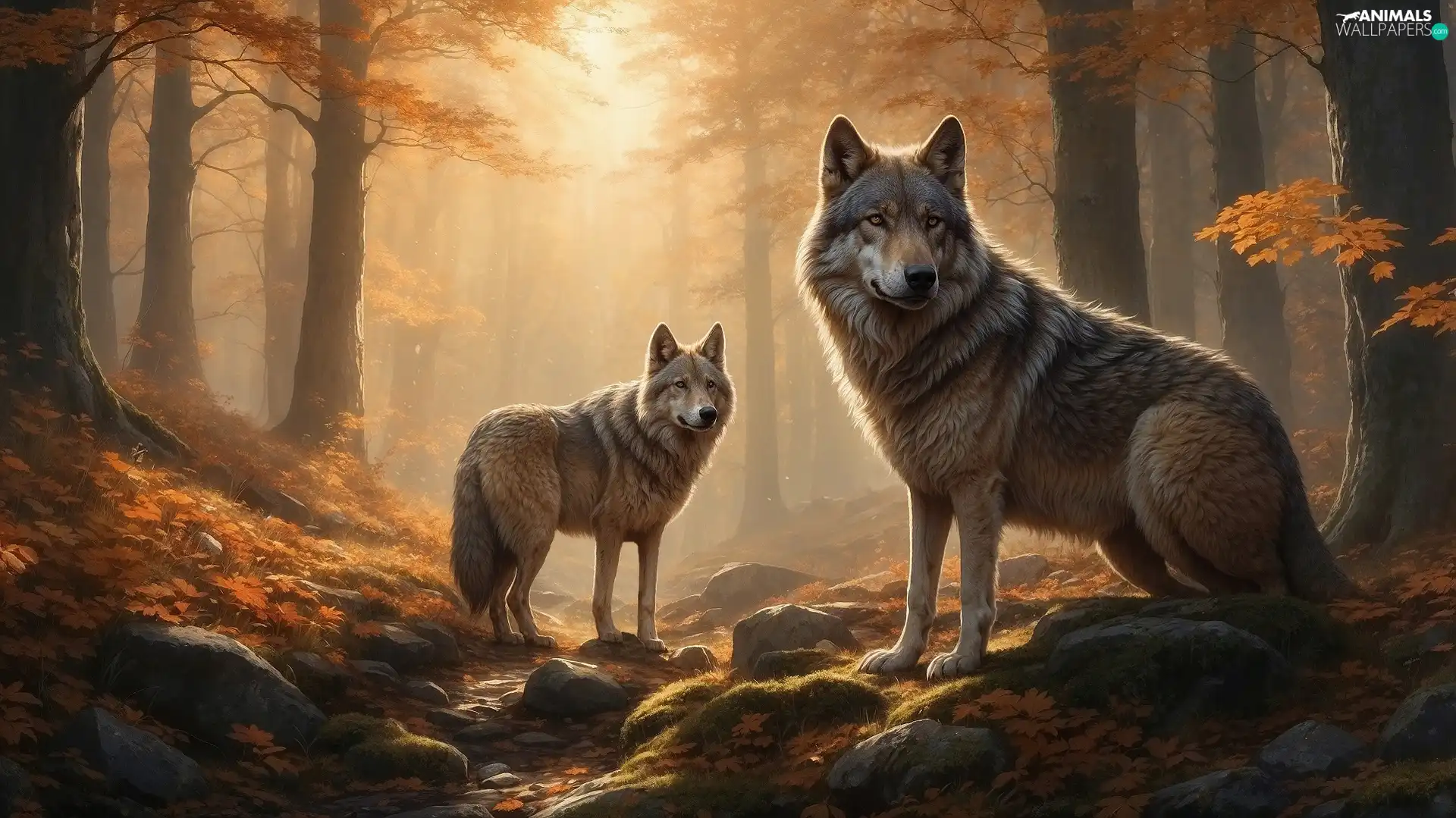 Two cars, forest, autumn, wolves