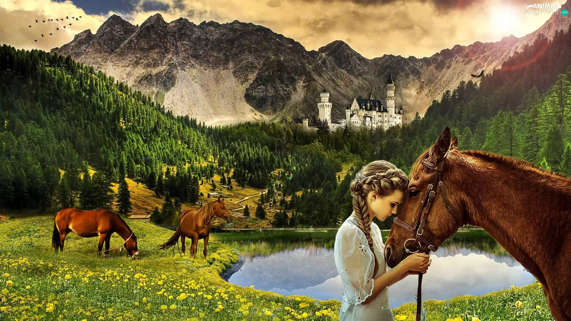 bloodstock, lake, fantasy, Mountains, woods, Meadow, girl, Castle
