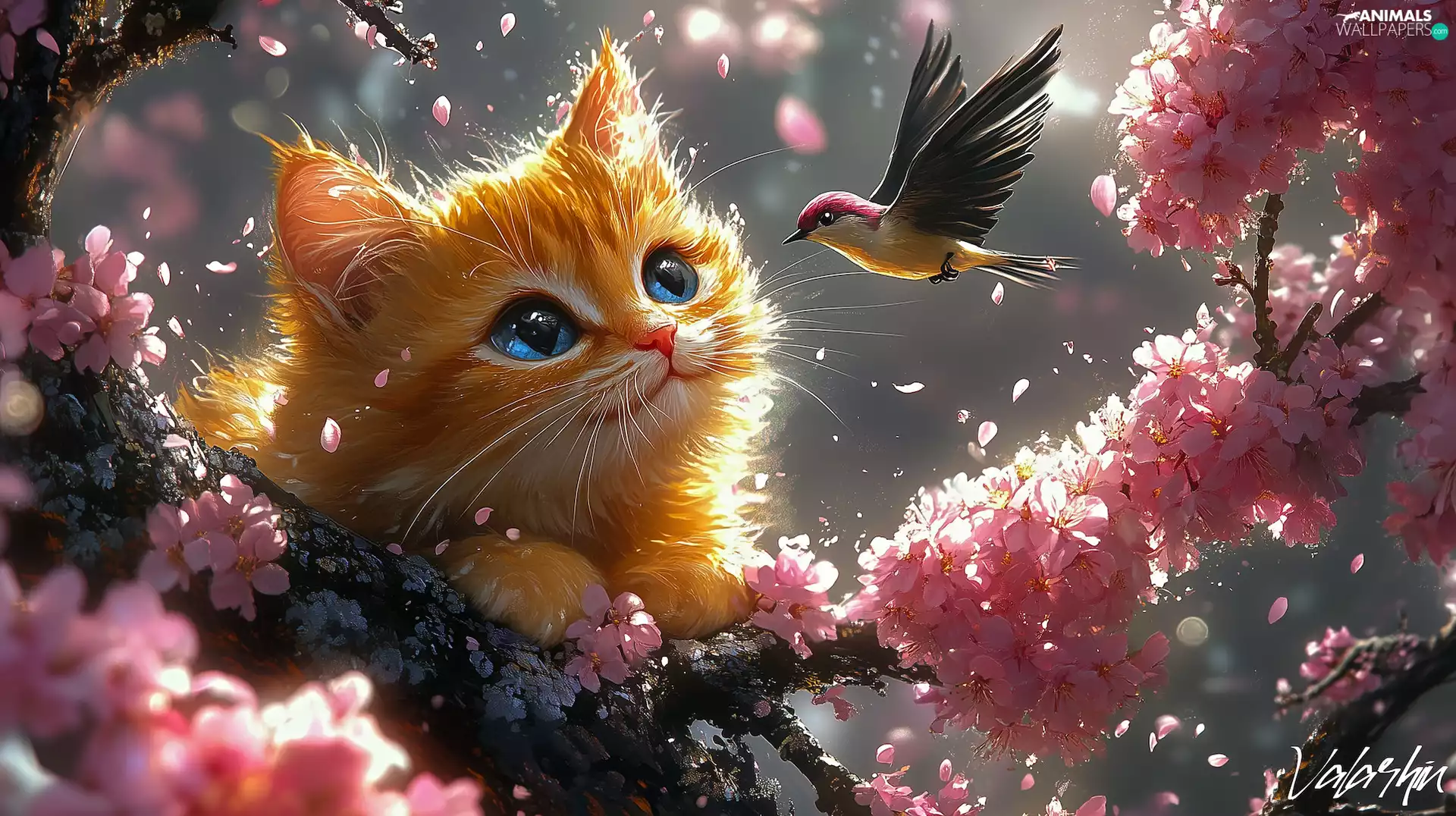 Bird, ginger, Flowers, cat, graphics, twig, Pink