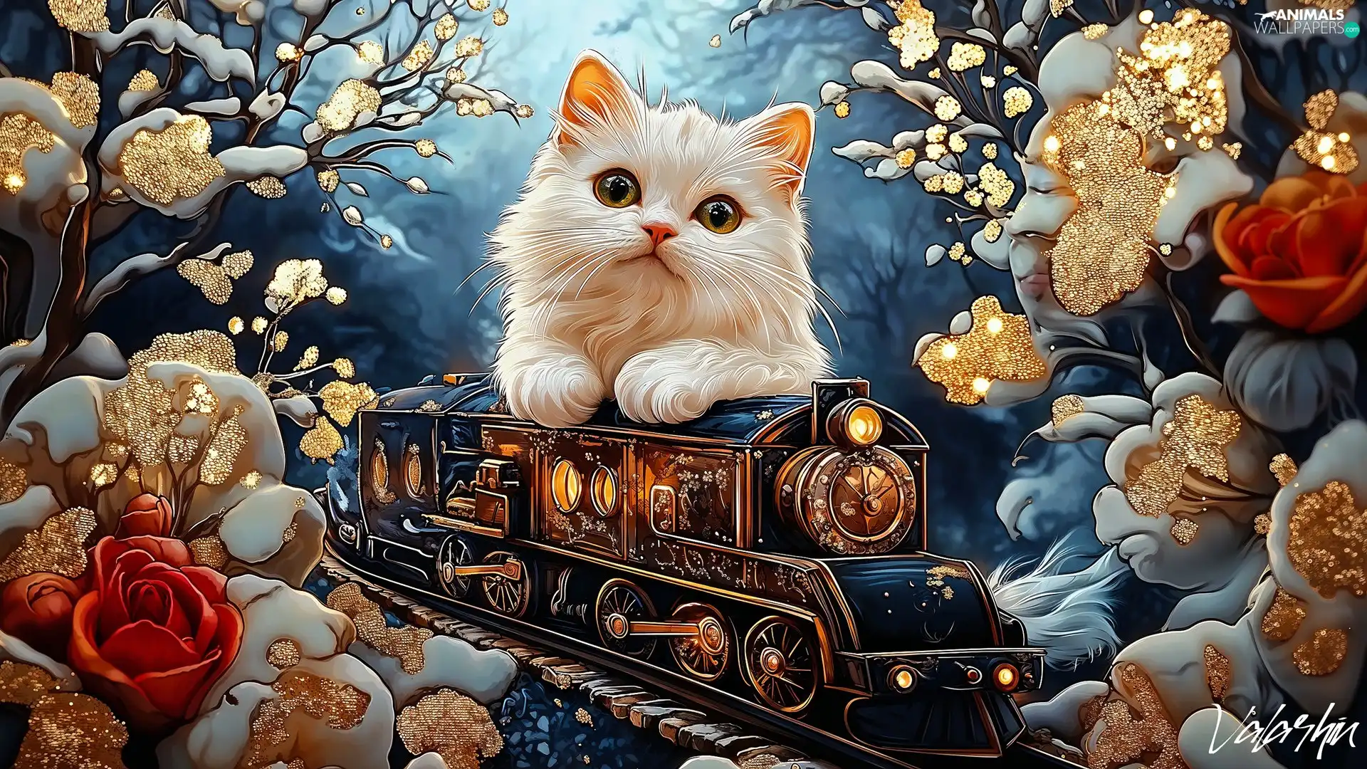 Golden, White, Flowers, cat, engine, Red, graphics
