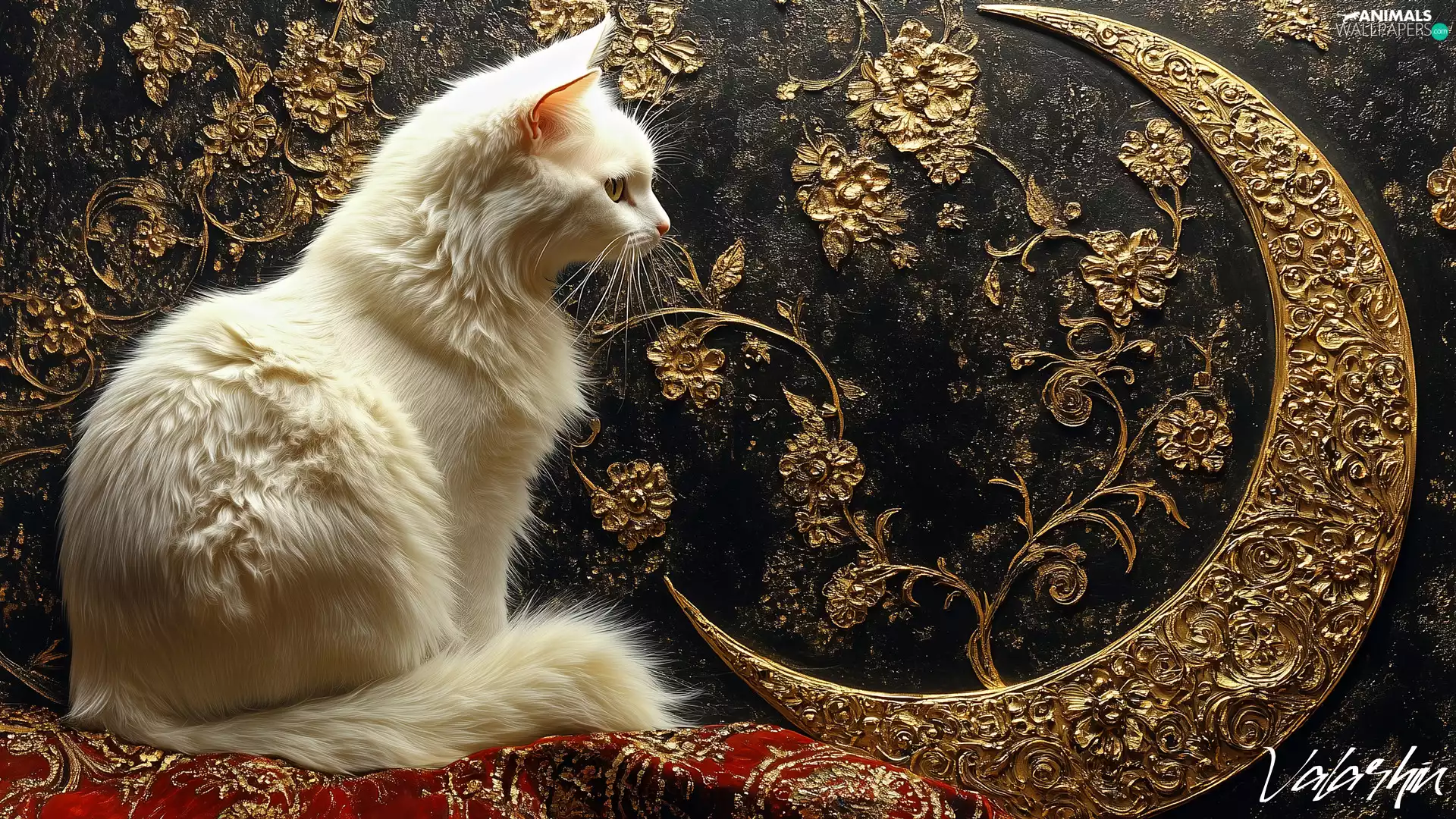 Golden, sitter, Golden, cat, White, moon, Flowers