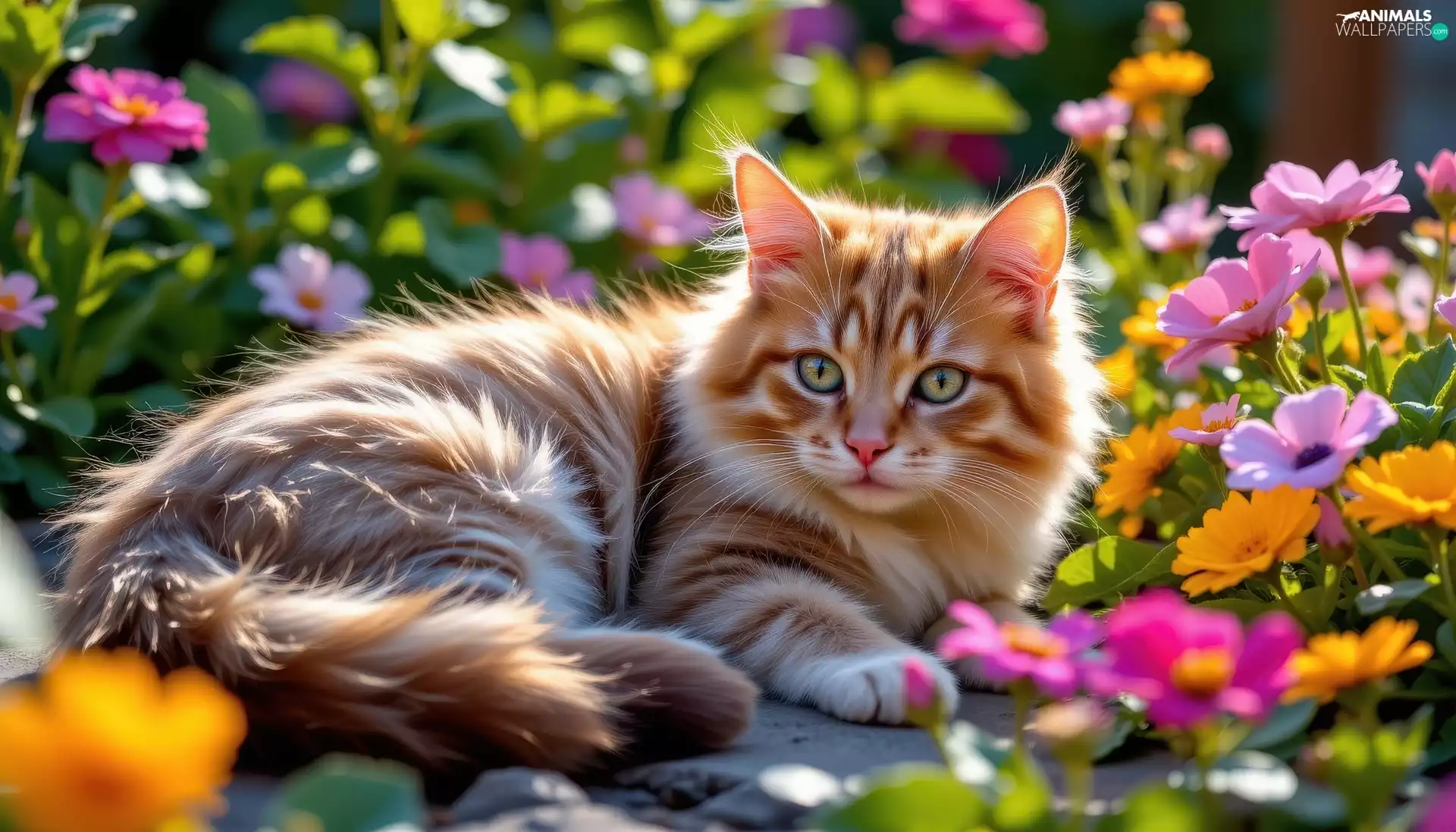 lying, color, Flowers, cat