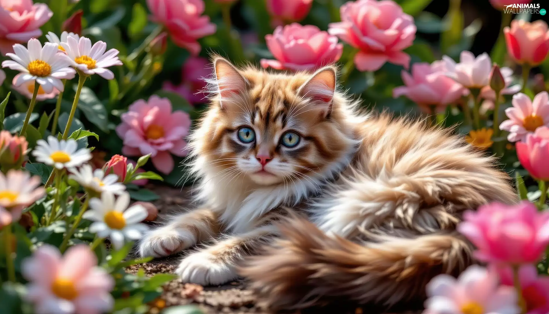 lying, Flowers, roses, cat