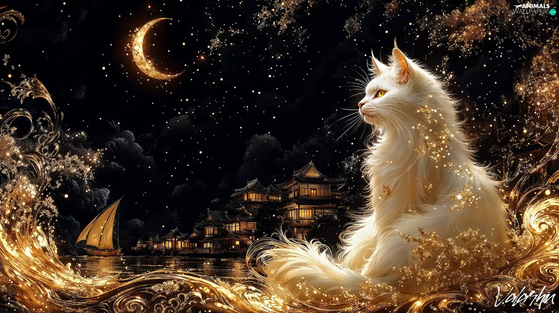Night, White, moon, cat, graphics, star, Houses